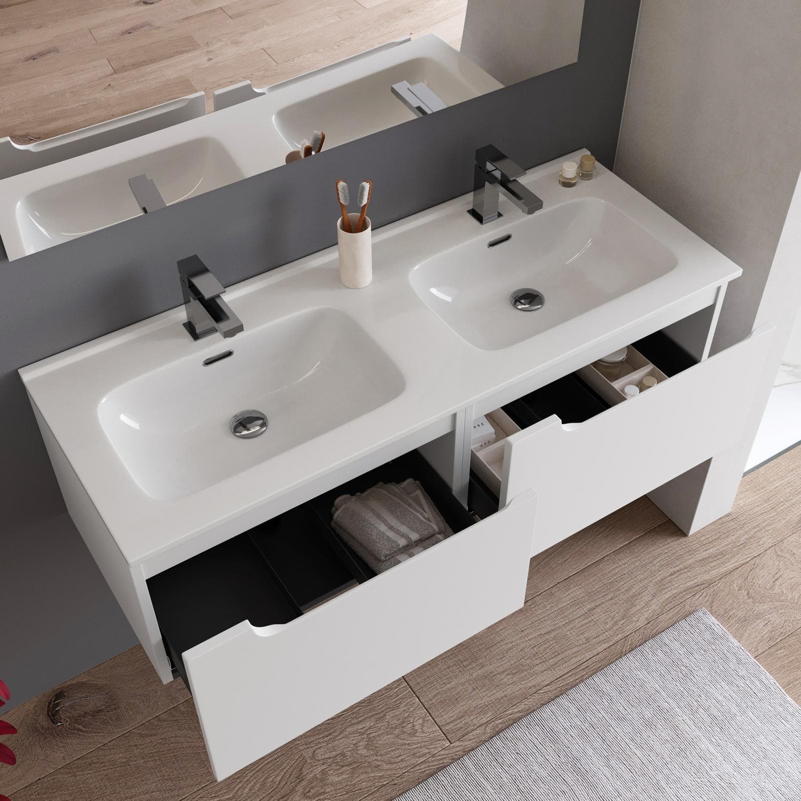 Mobile bagno sospeso 120 cm bianco opaco con lavabo doppia vasca e specchio - Agave