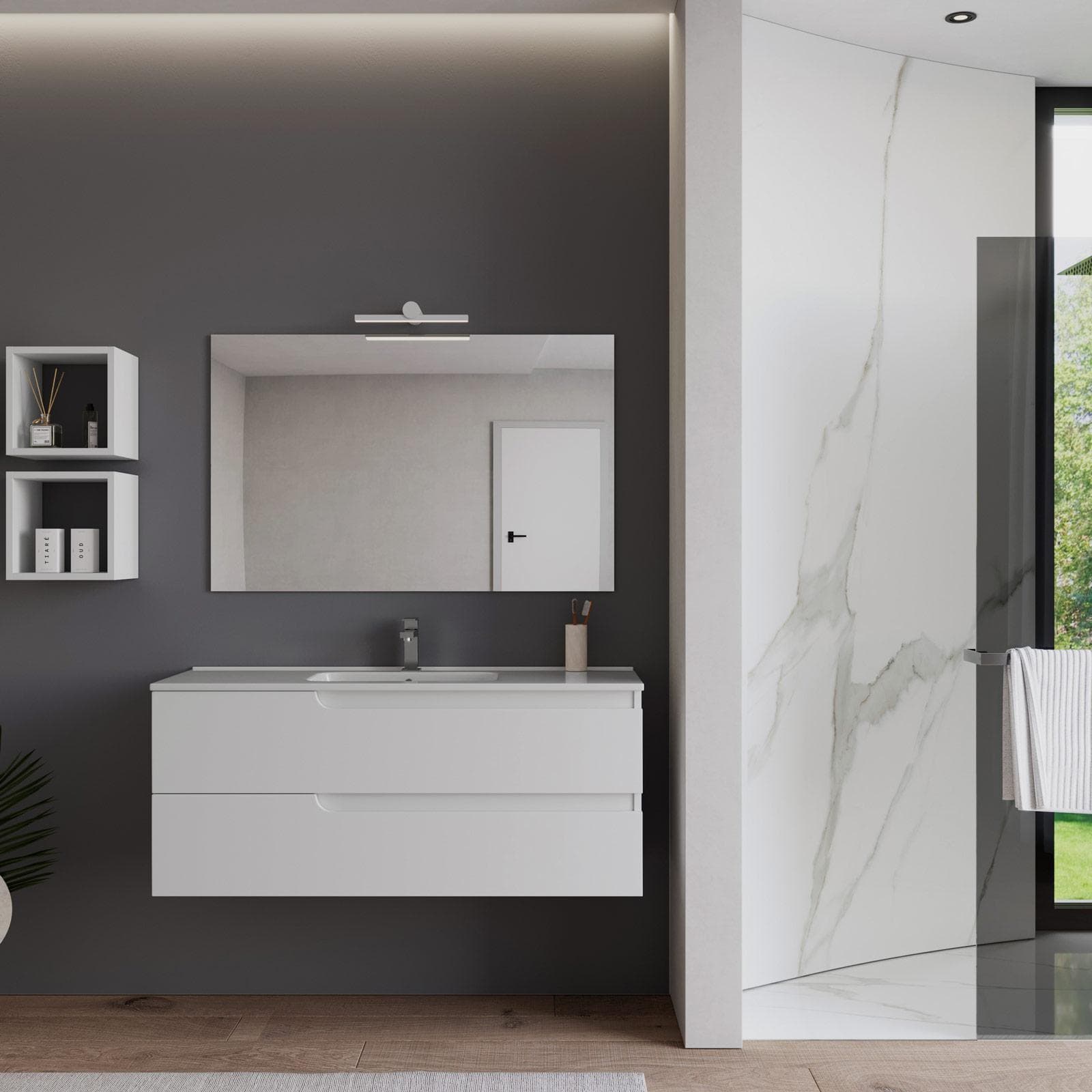 Mobile bagno sospeso 120 cm bianco opaco con lavabo e specchio - Agave Plus