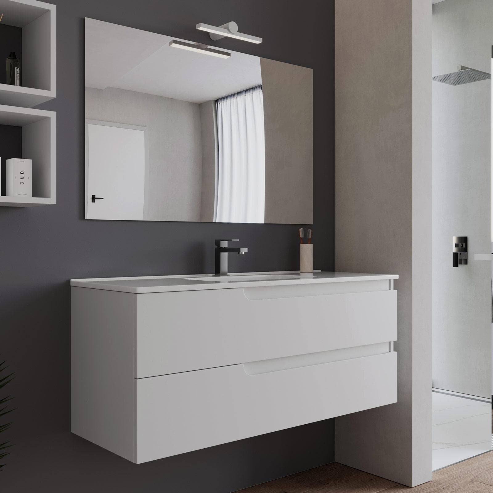 Mobile bagno sospeso 120 cm bianco opaco con lavabo e specchio - Agave Plus