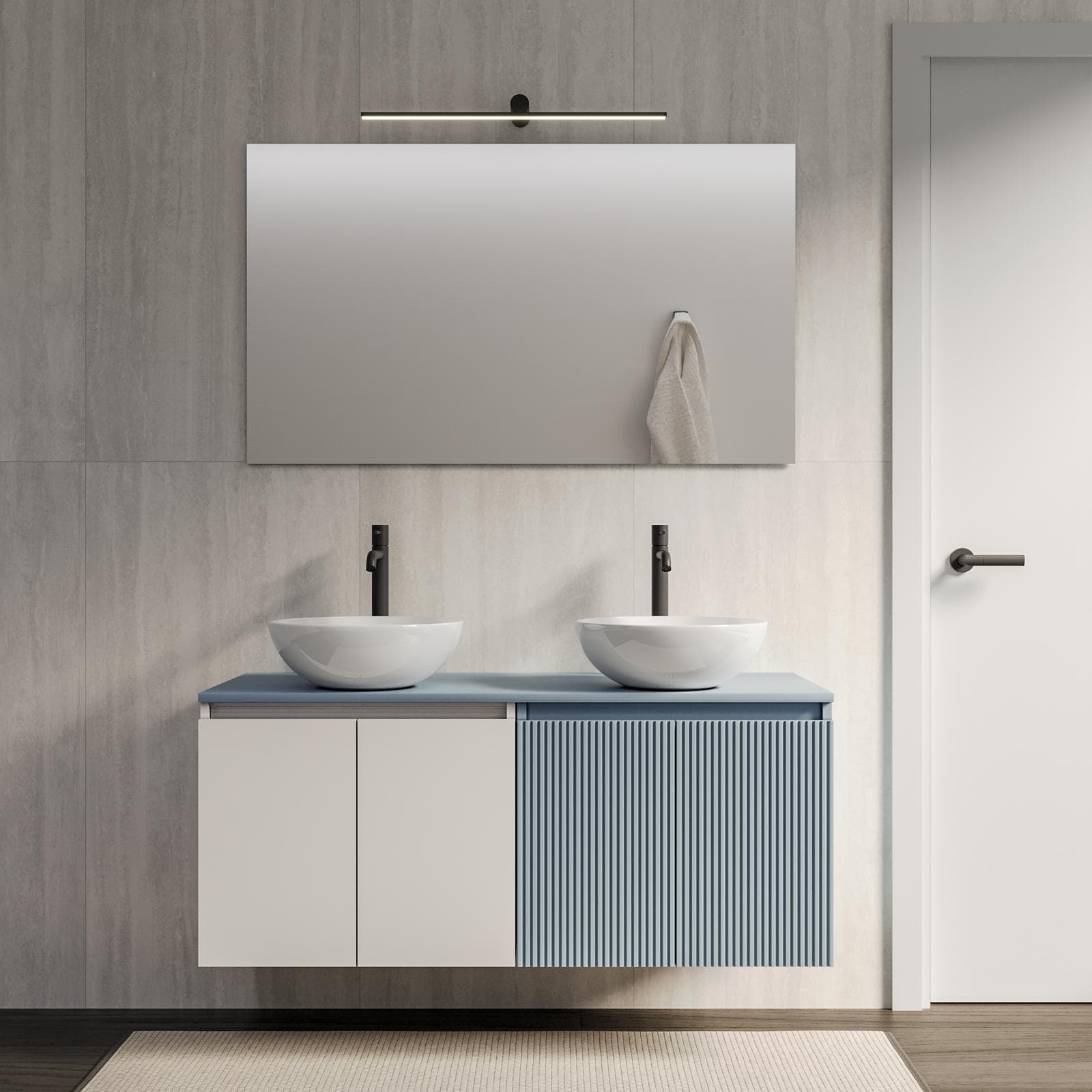 Mobile bagno sospeso 120 cm bianco opaco con top carta da zucchero e specchio - Neko