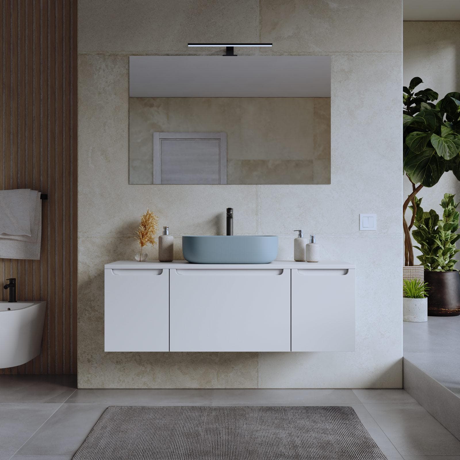 Mobile bagno sospeso 120 cm bianco opaco con top e specchio - Koda