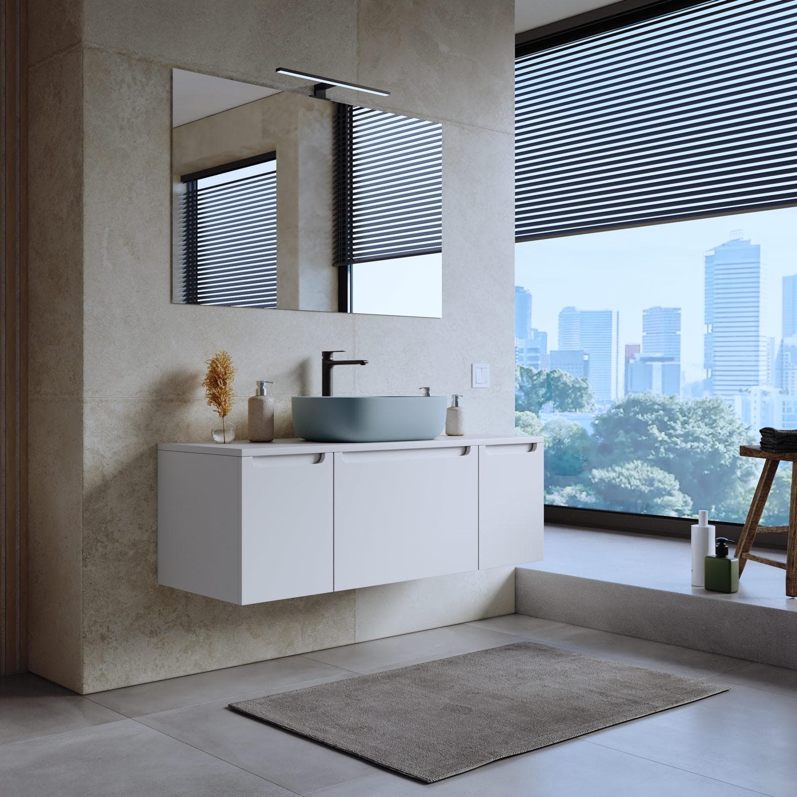 Mobile bagno sospeso 120 cm bianco opaco con top e specchio - Koda