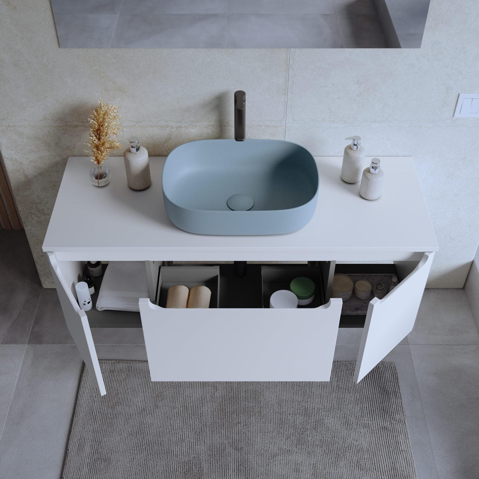Mobile bagno sospeso 120 cm bianco opaco con top e specchio - Koda