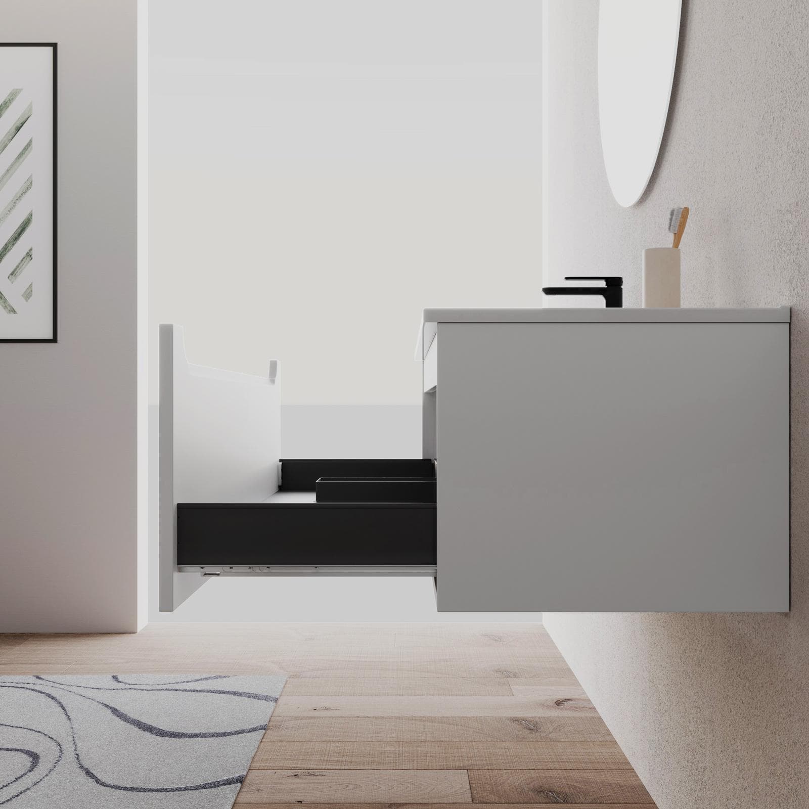 Mobile bagno sospeso 120 cm bianco opaco sx con lavabo integrato e specchio - Sleek
