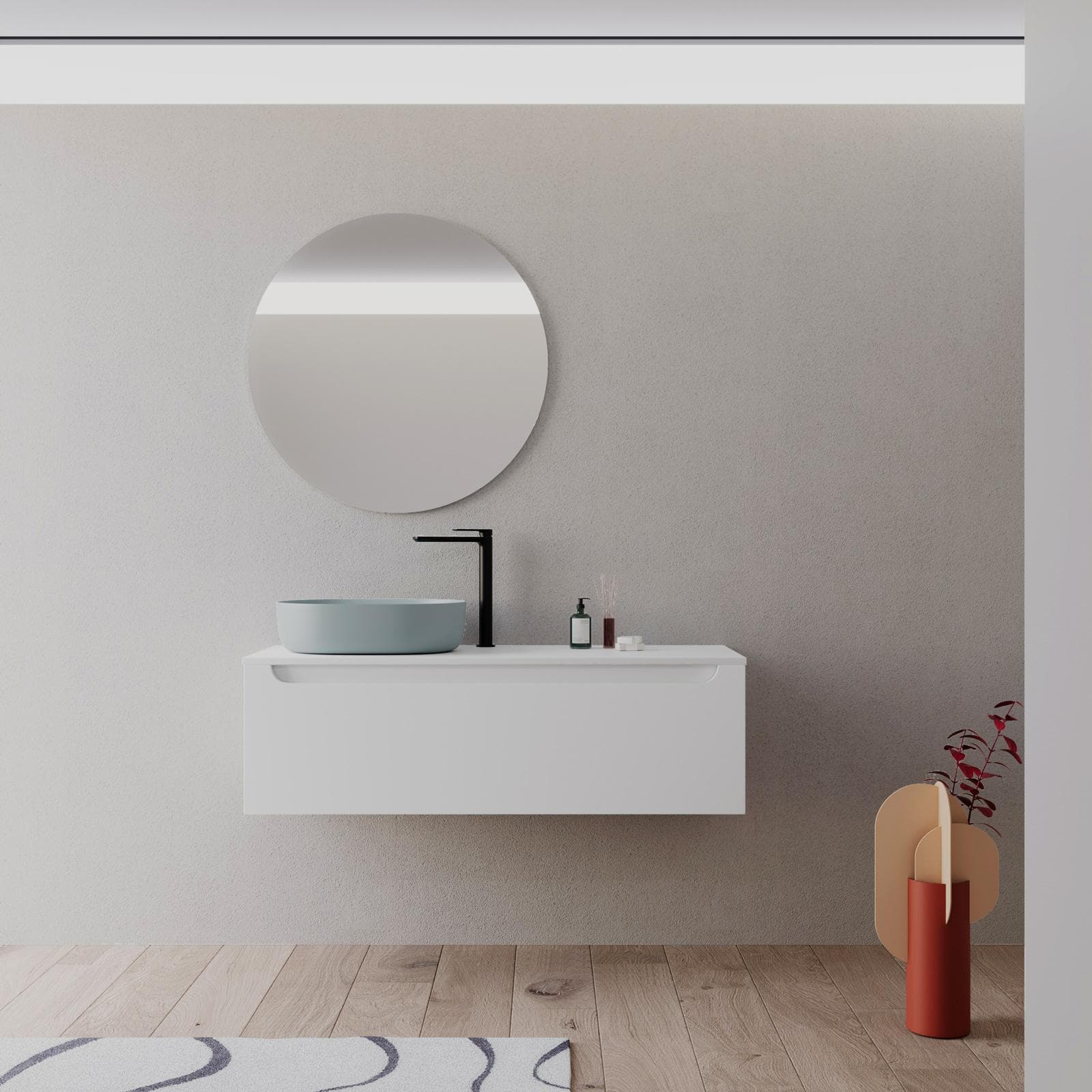 Mobile bagno sospeso 120 cm bianco opaco sx con top e specchio - Sleek