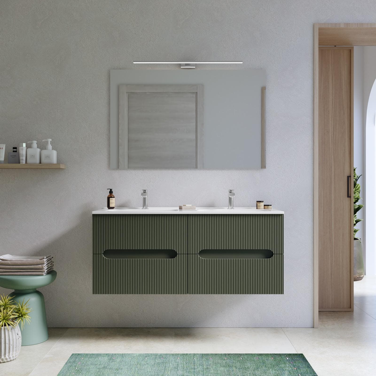 Mobile bagno sospeso 120 cm cannettato verde cemento con lavabo e specchio - Tayga