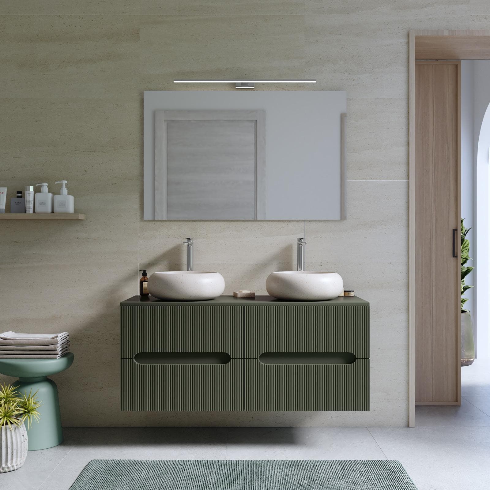 Mobile bagno sospeso 120 cm cannettato verde cemento con top e specchio - Tayga