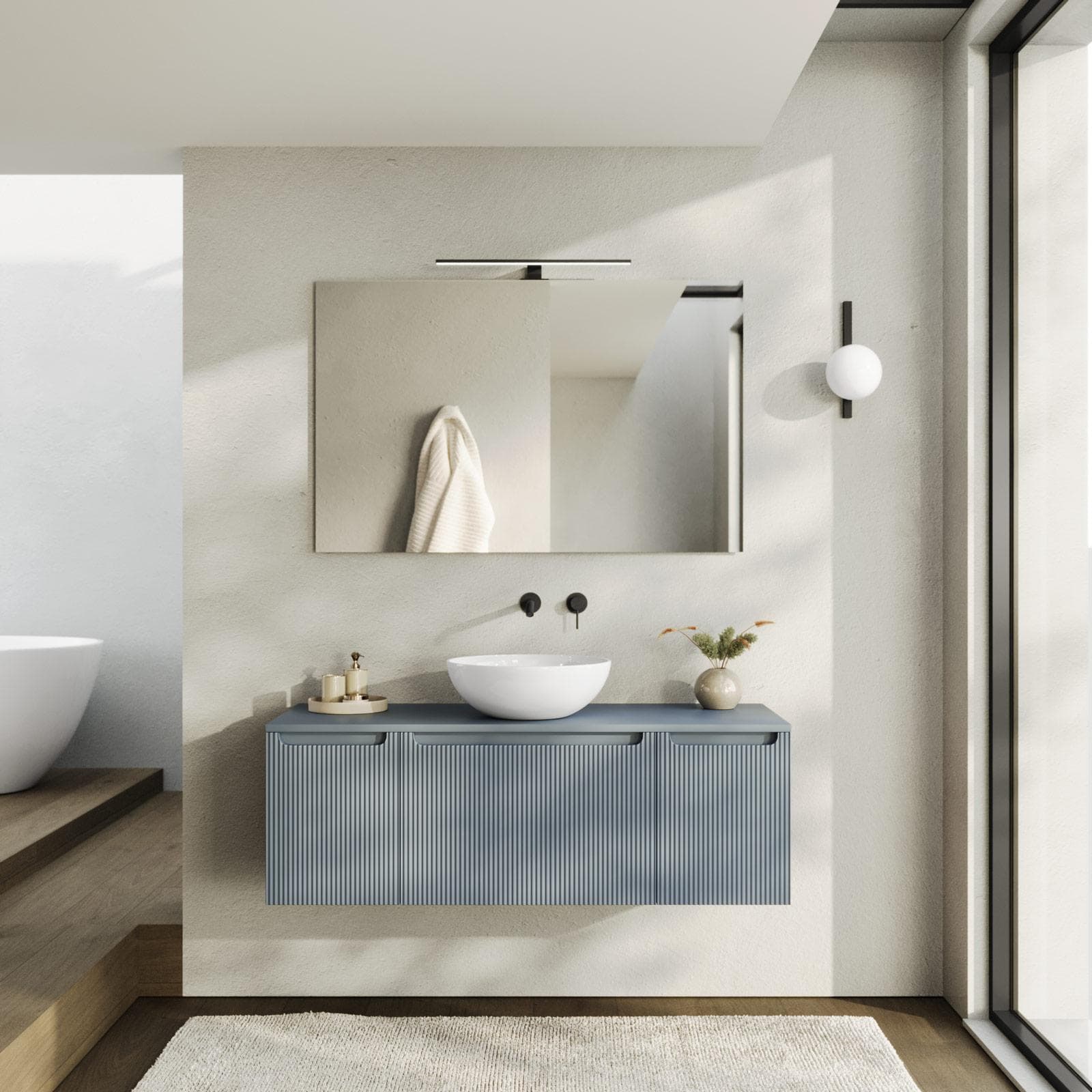 Mobile bagno sospeso 120 cm carta da zucchero cannettato con top e specchio - Konai