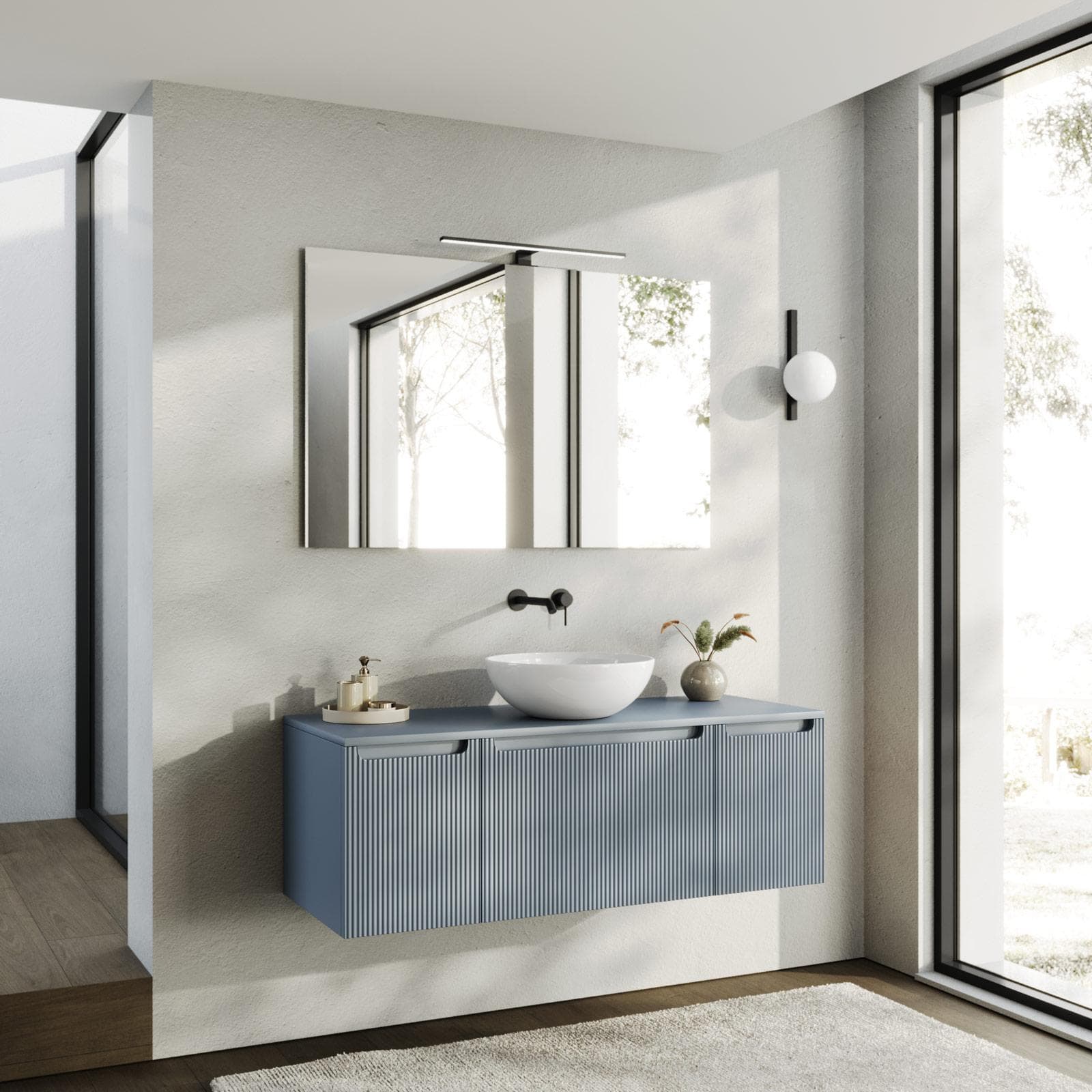 Mobile bagno sospeso 120 cm carta da zucchero cannettato con top e specchio - Konai