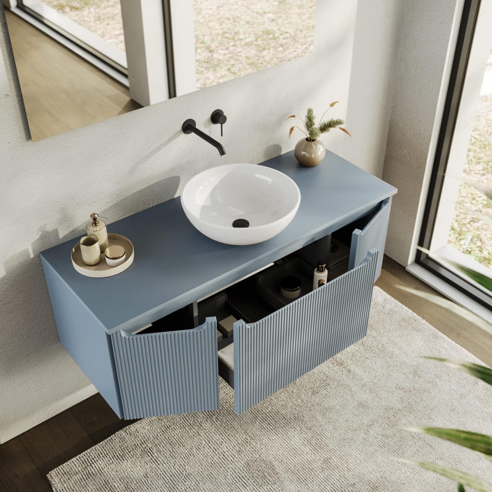 Mobile bagno sospeso 120 cm carta da zucchero cannettato con top e specchio - Konai