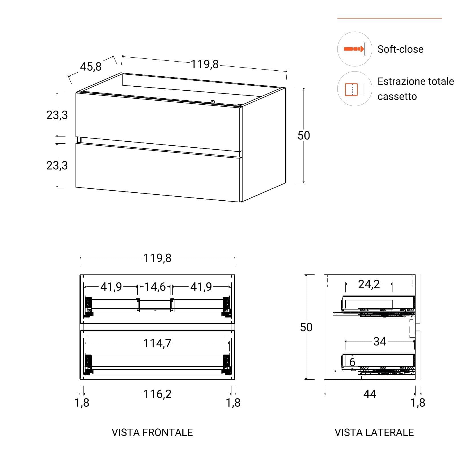 Mobile bagno sospeso 120 cm carta da zucchero con 2 cassetti e lavabo con specchio - Cuki