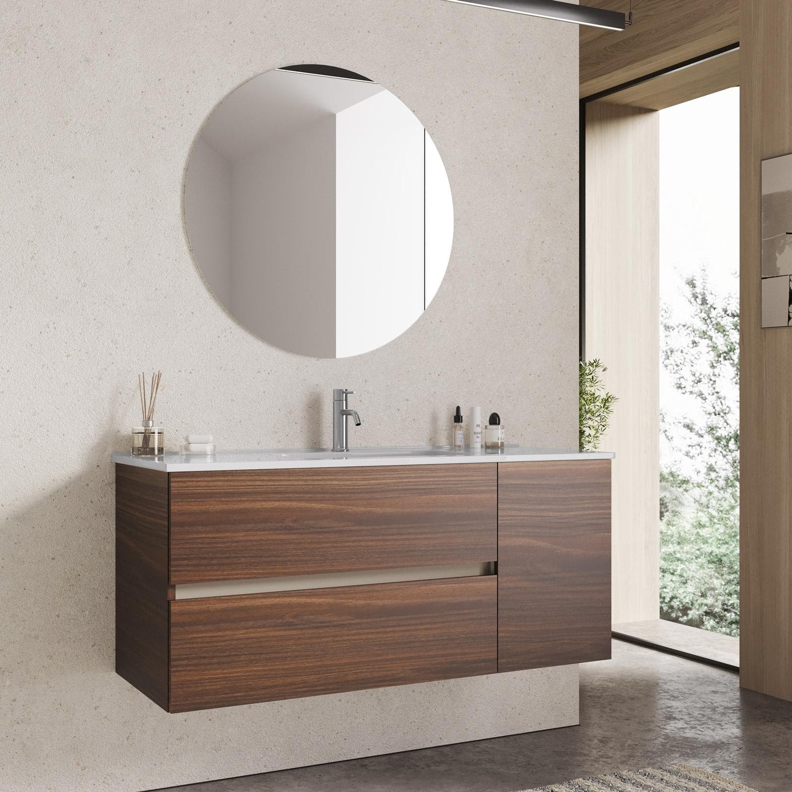 Mobile bagno sospeso 120 cm con cassetti rovere deciso e specchio - Jordan
