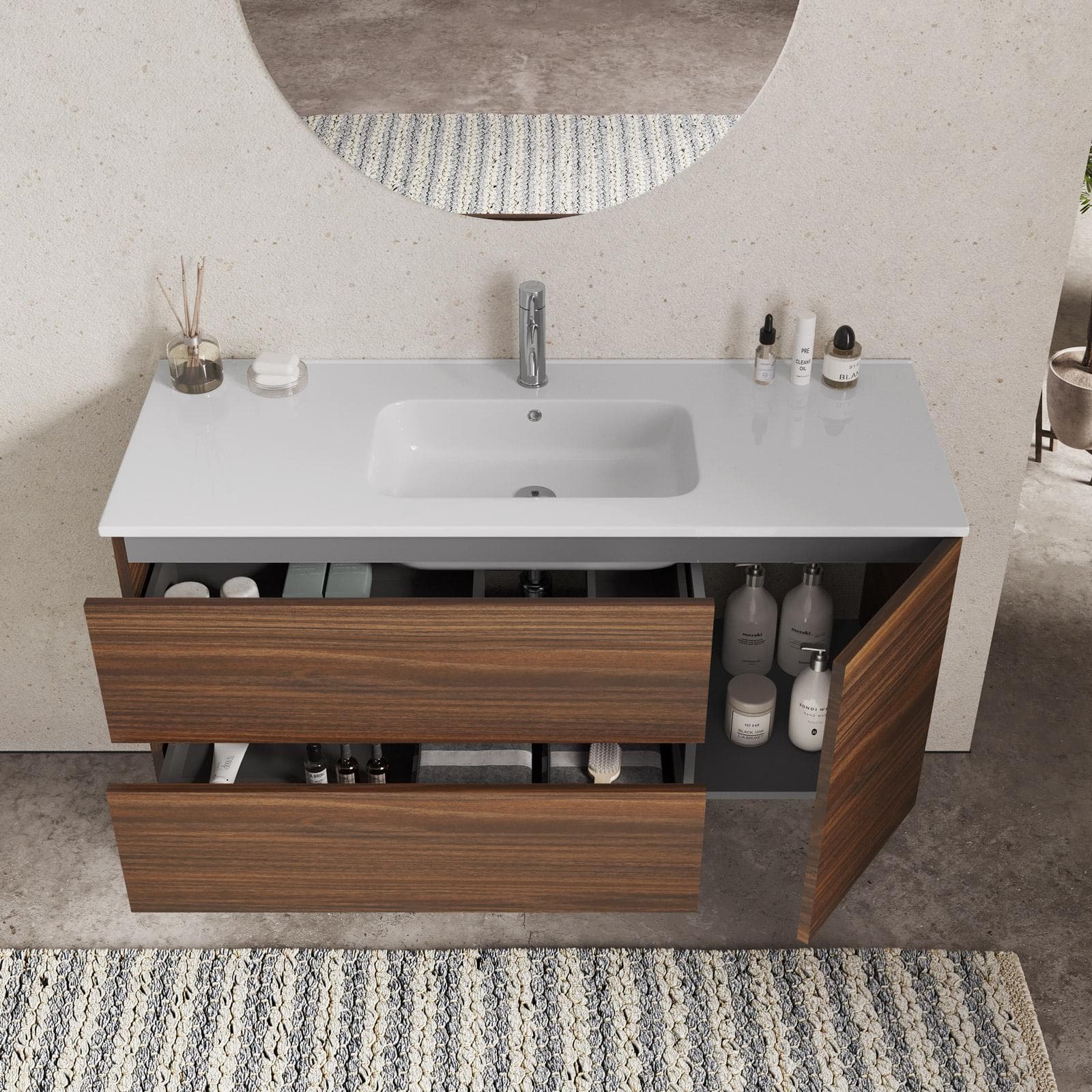 Mobile bagno sospeso 120 cm con cassetti rovere deciso e specchio - Jordan
