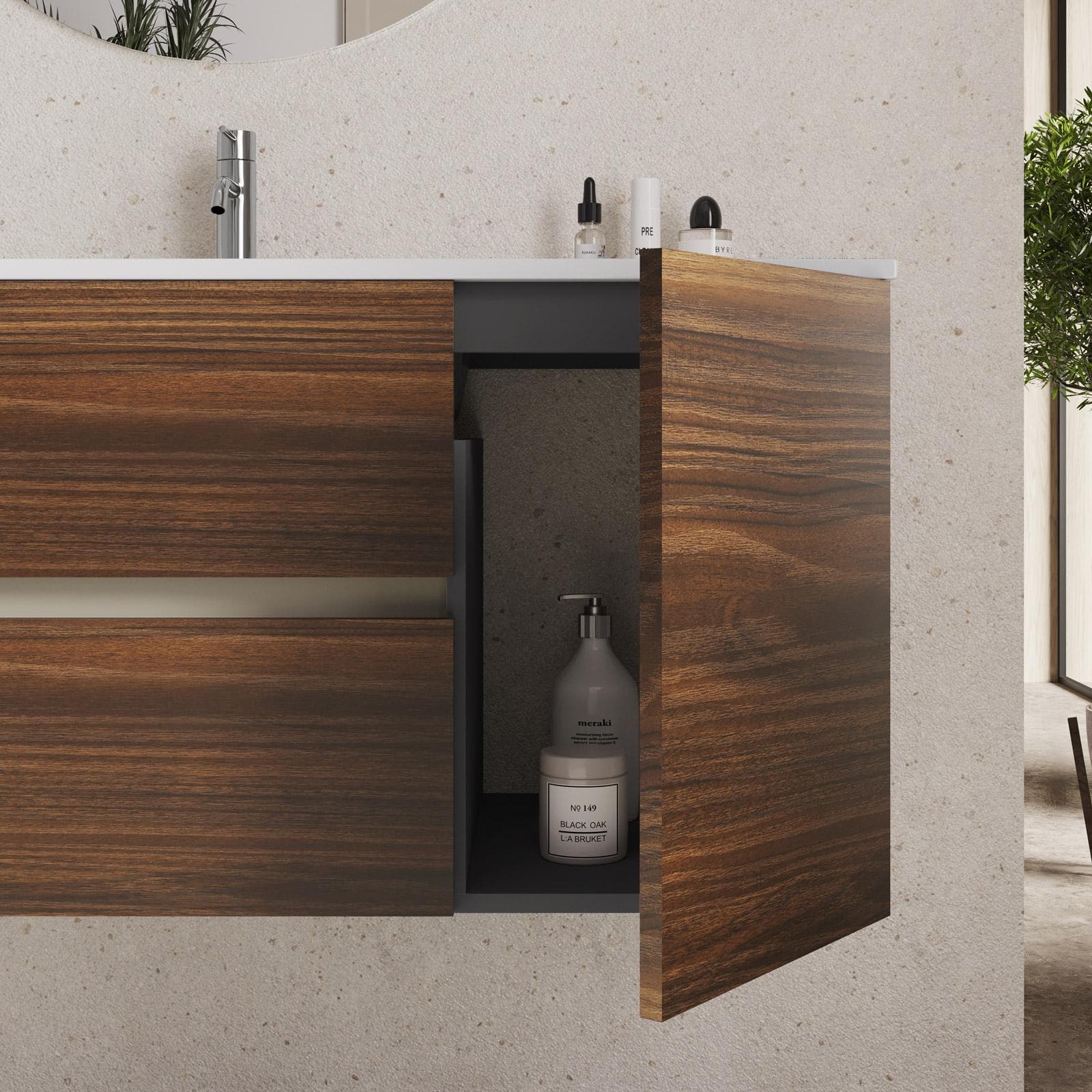 Mobile bagno sospeso 120 cm con cassetti rovere deciso e specchio - Jordan