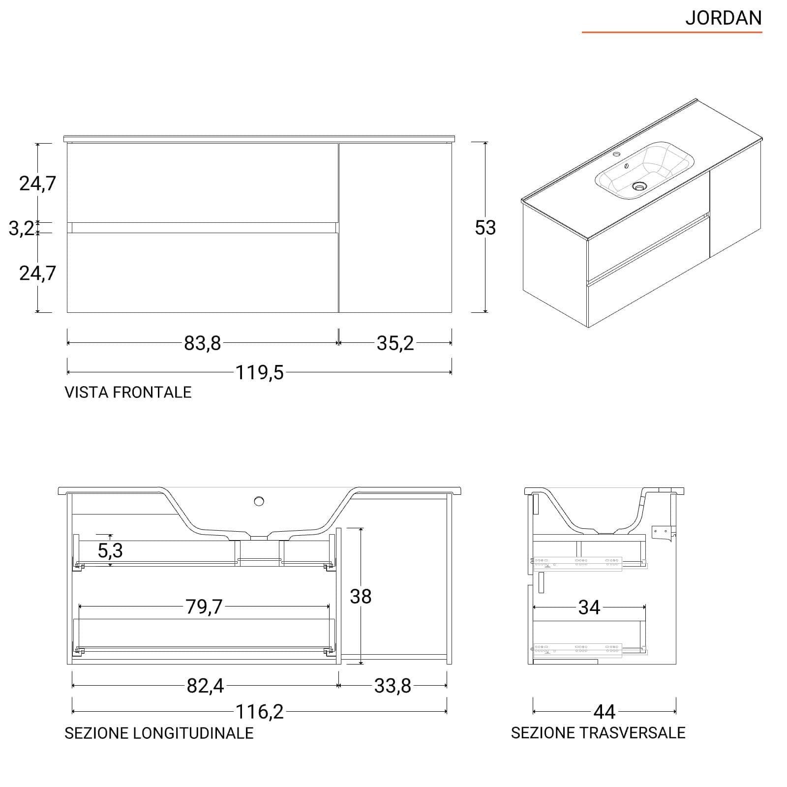 Mobile bagno sospeso 120 cm con cassetti rovere deciso e specchio - Jordan