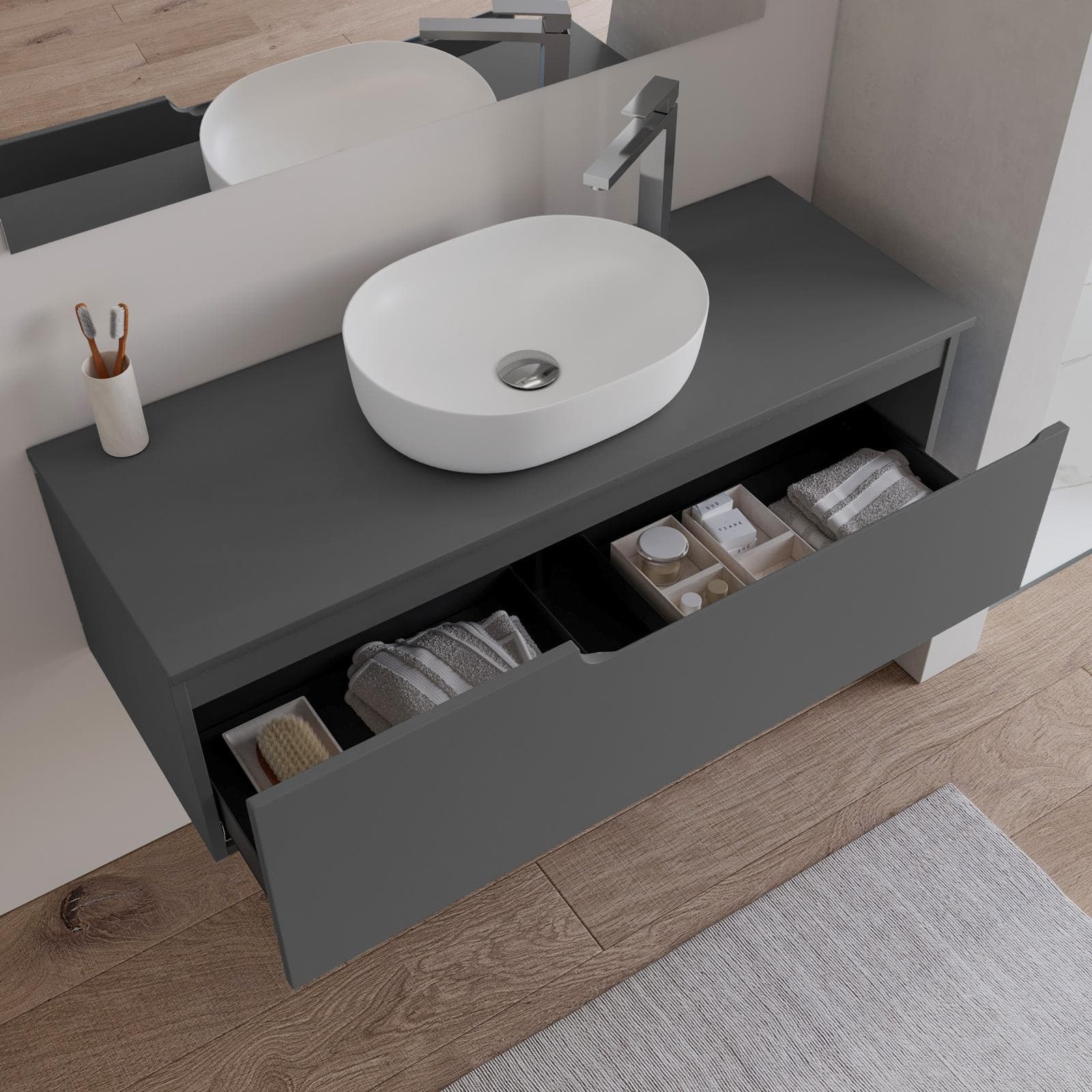 Mobile bagno sospeso 120 cm con top antracite e specchio - Agave