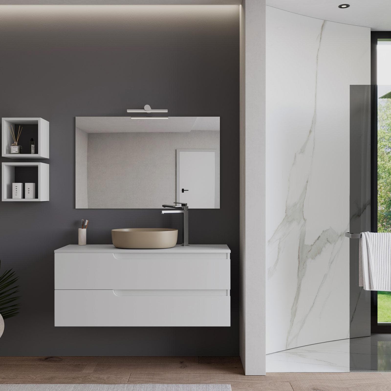 Mobile bagno sospeso 120 cm con top bianco opaco e specchio - Agave Plus