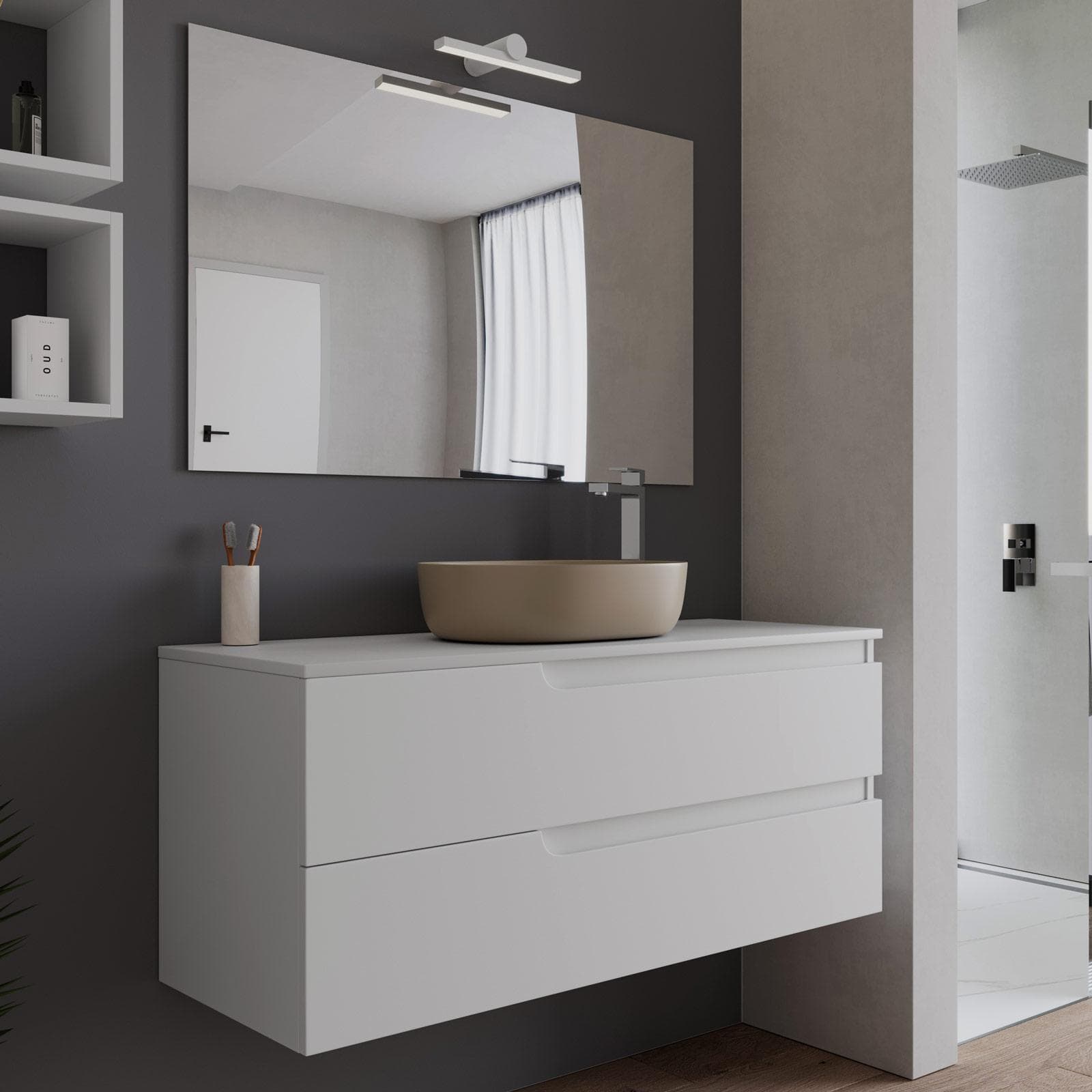 Mobile bagno sospeso 120 cm con top bianco opaco e specchio - Agave Plus