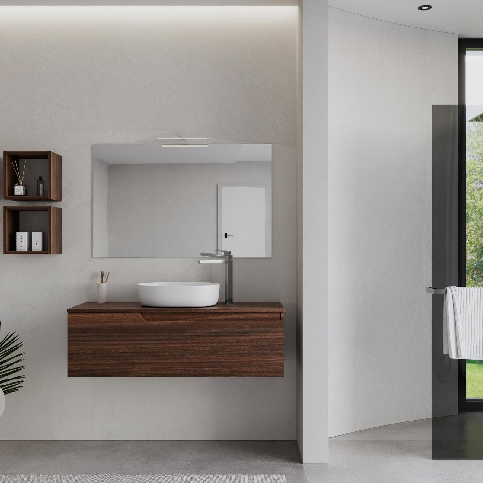 Mobile bagno sospeso 120 cm con top rovere deciso e specchio - Agave
