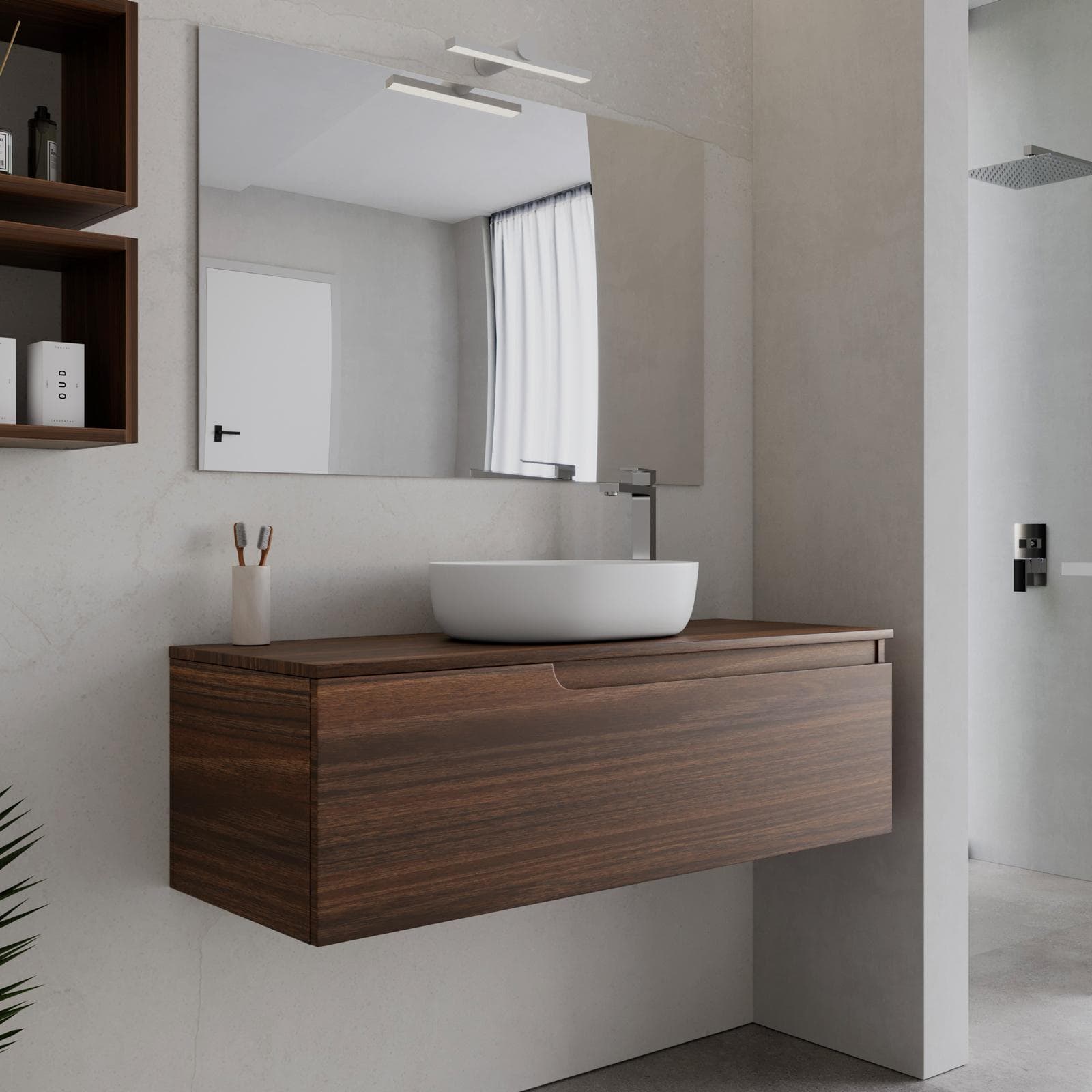 Mobile bagno sospeso 120 cm con top rovere deciso e specchio - Agave