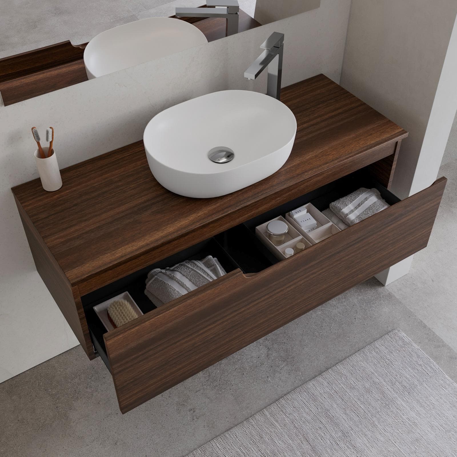 Mobile bagno sospeso 120 cm con top rovere deciso e specchio - Agave
