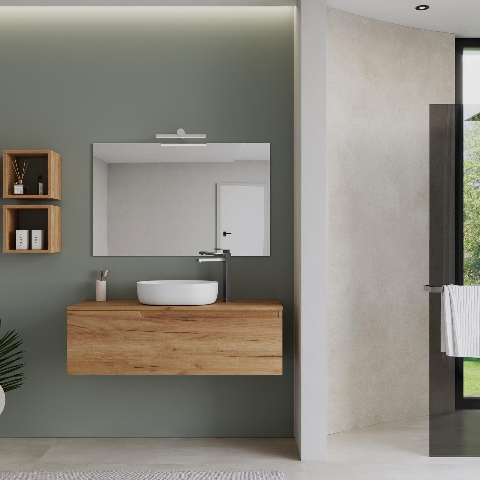 Mobile bagno sospeso 120 cm con top rovere gold e specchio - Agave