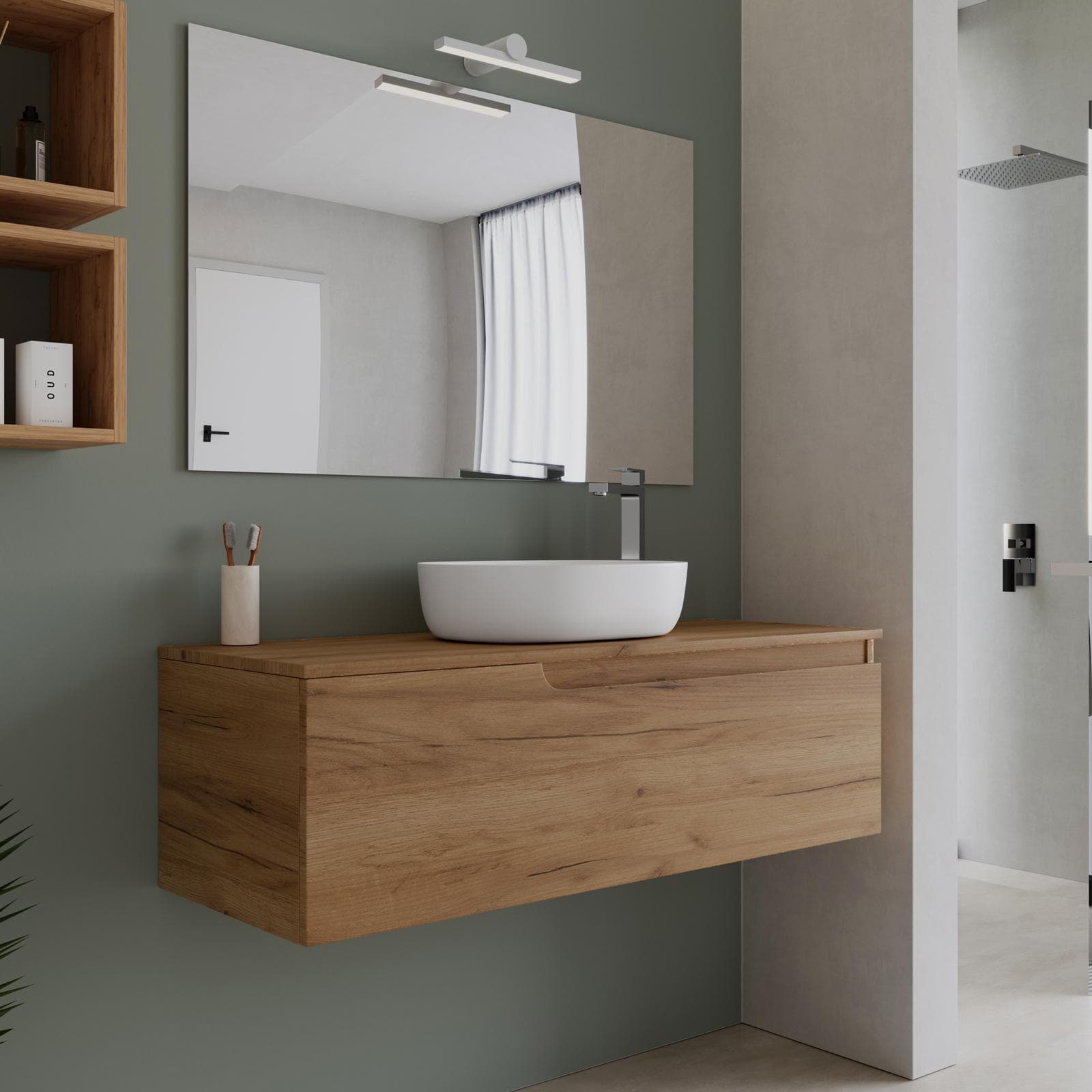 Mobile bagno sospeso 120 cm con top rovere gold e specchio - Agave