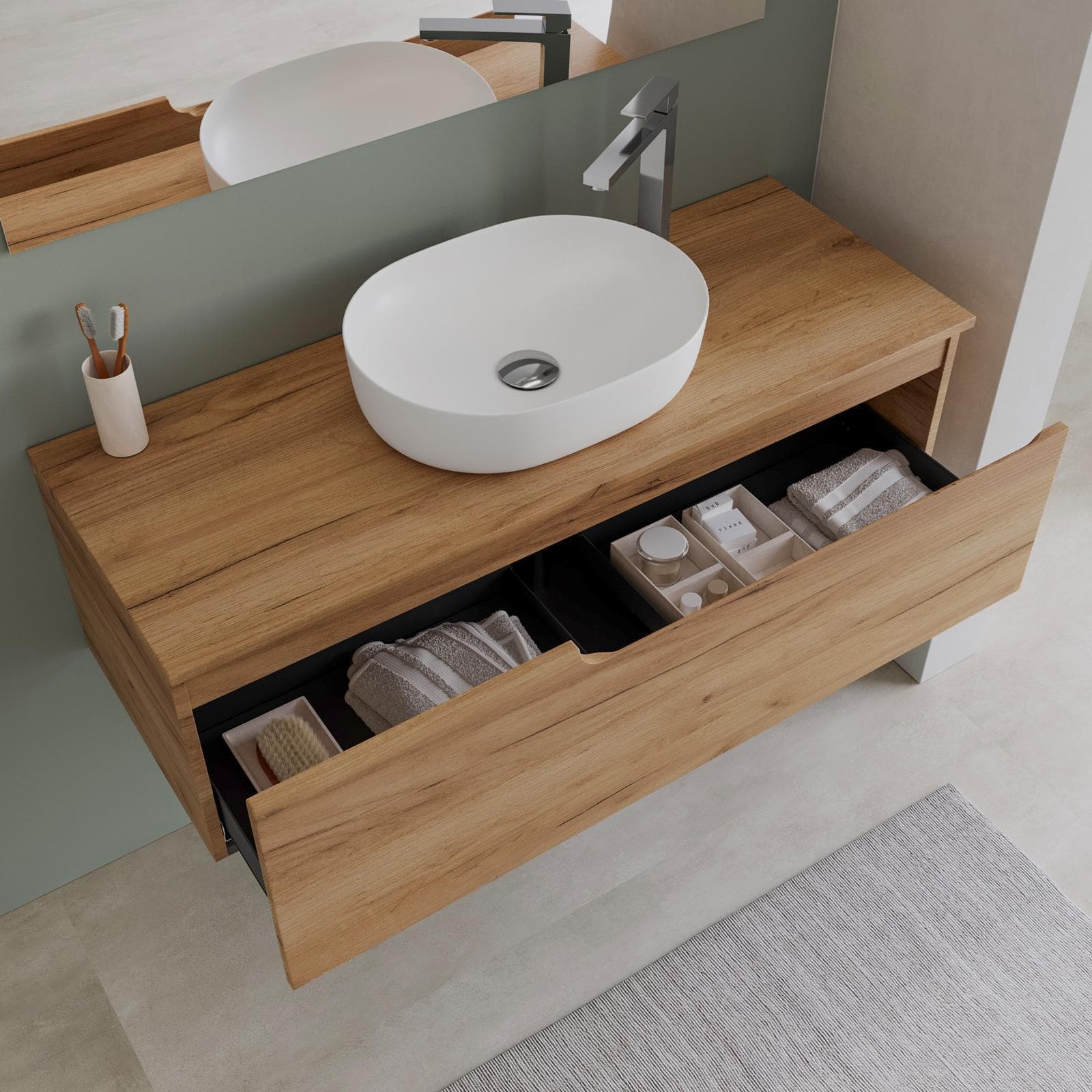 Mobile bagno sospeso 120 cm con top rovere gold e specchio - Agave