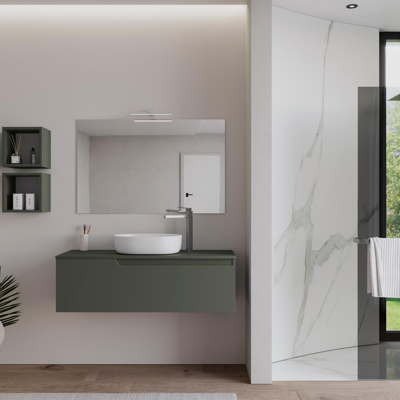 Mobile bagno sospeso 120 cm con top verde cemento e specchio - Agave
