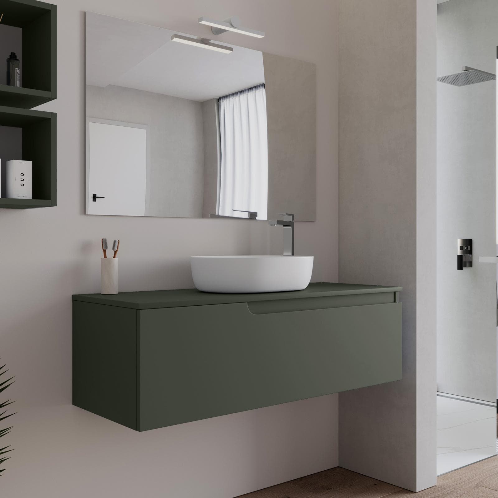 Mobile bagno sospeso 120 cm con top verde cemento e specchio - Agave