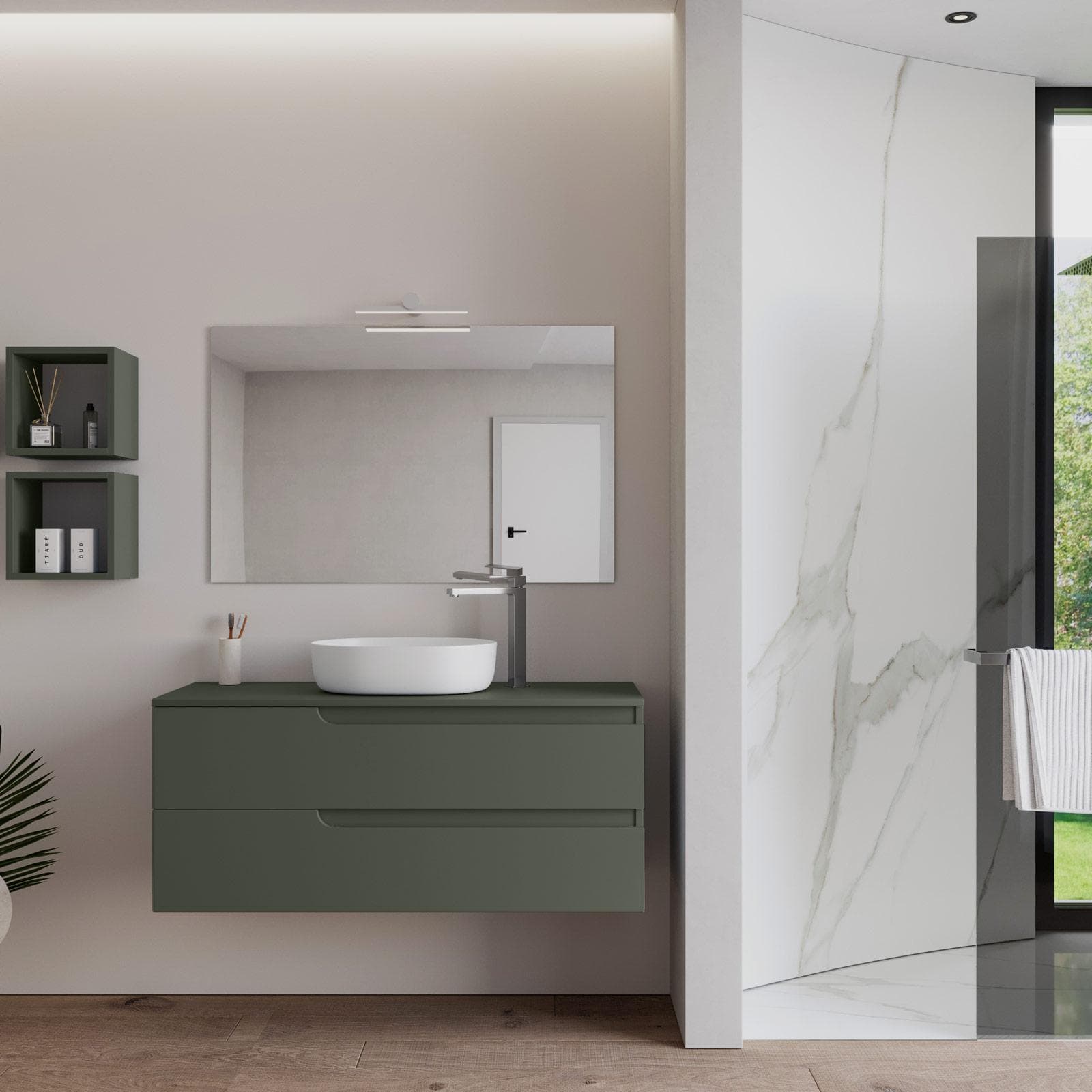 Mobile bagno sospeso 120 cm con top verde cemento e specchio - Agave Plus