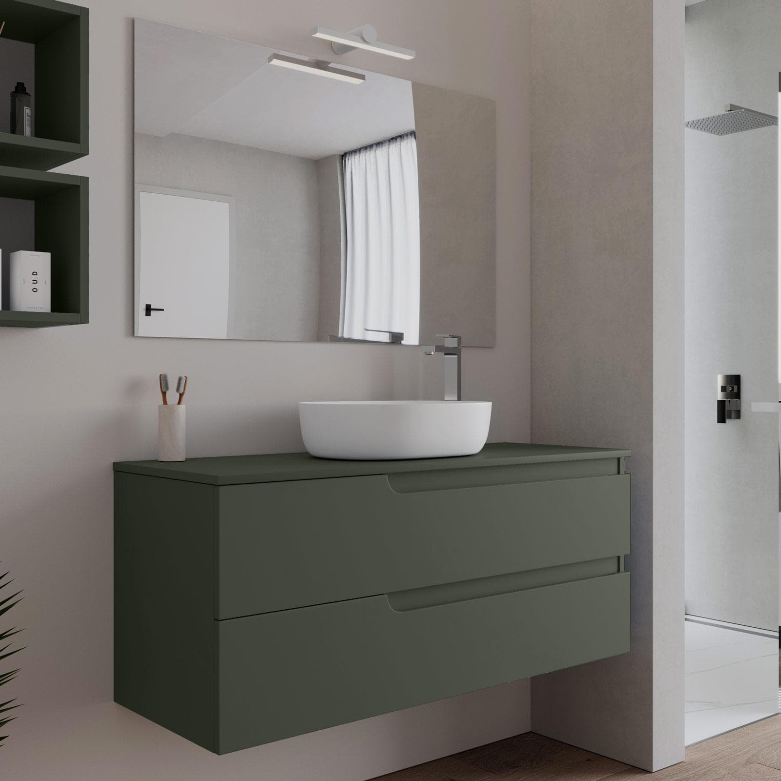 Mobile bagno sospeso 120 cm con top verde cemento e specchio - Agave Plus