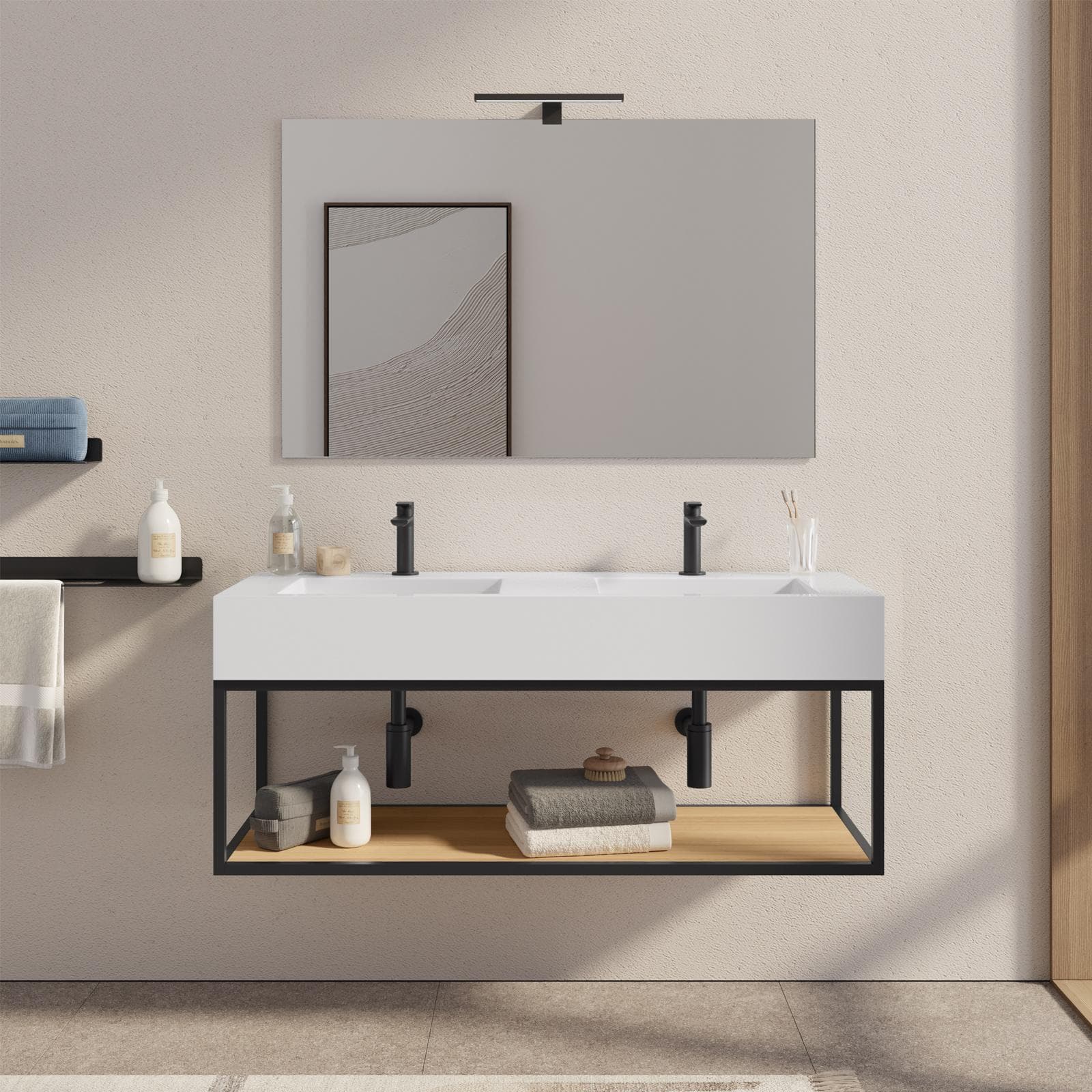 Mobile bagno sospeso 120 cm nero e rovere con top lavabo doppio e specchio - Axis