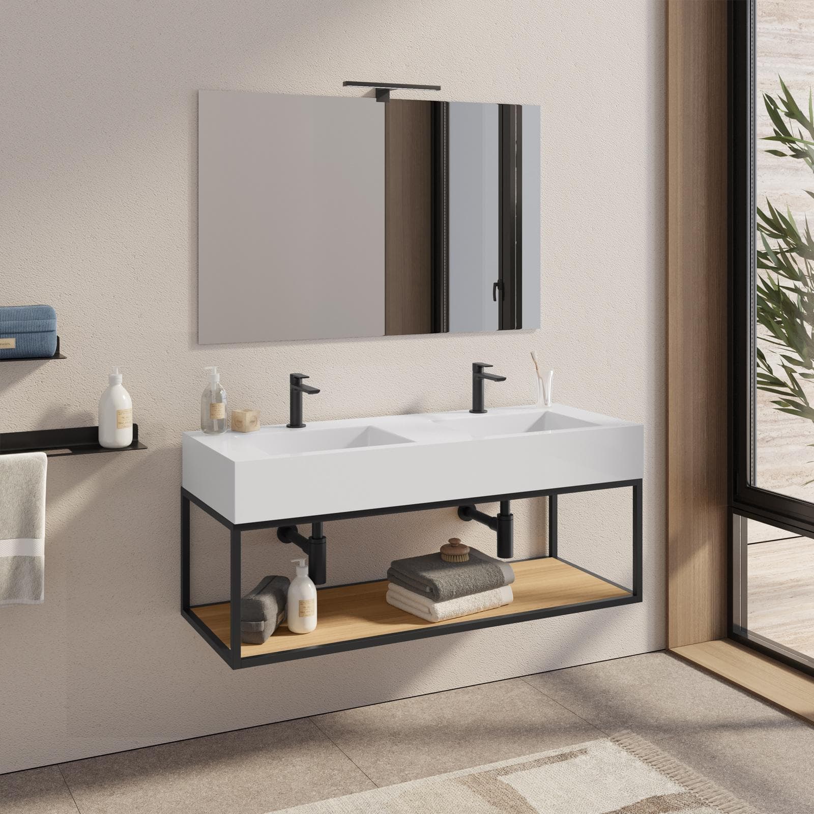 Mobile bagno sospeso 120 cm nero e rovere con top lavabo doppio e specchio - Axis