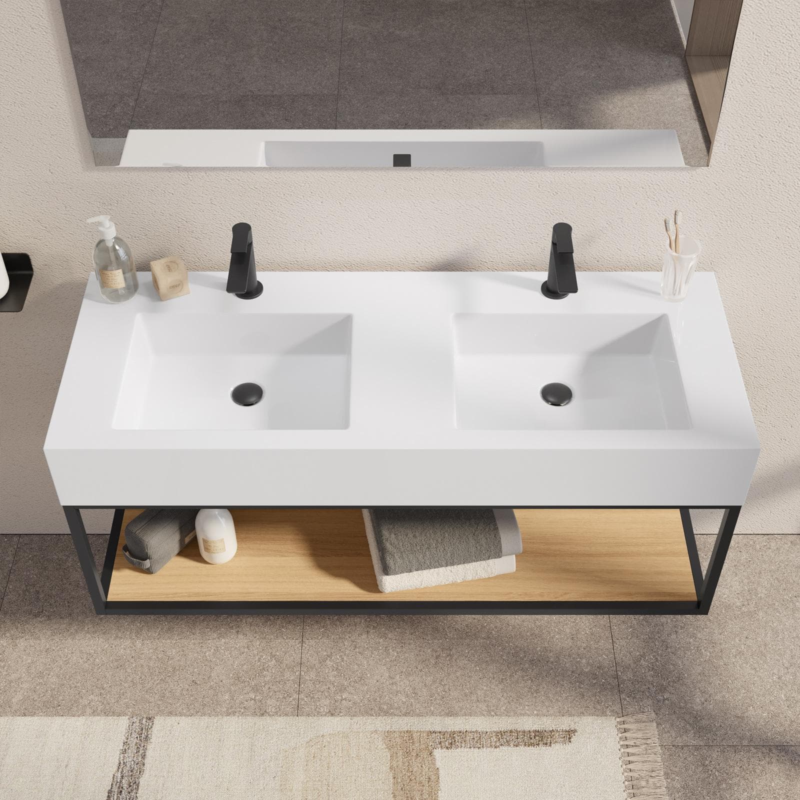 Mobile bagno sospeso 120 cm nero e rovere con top lavabo doppio e specchio - Axis