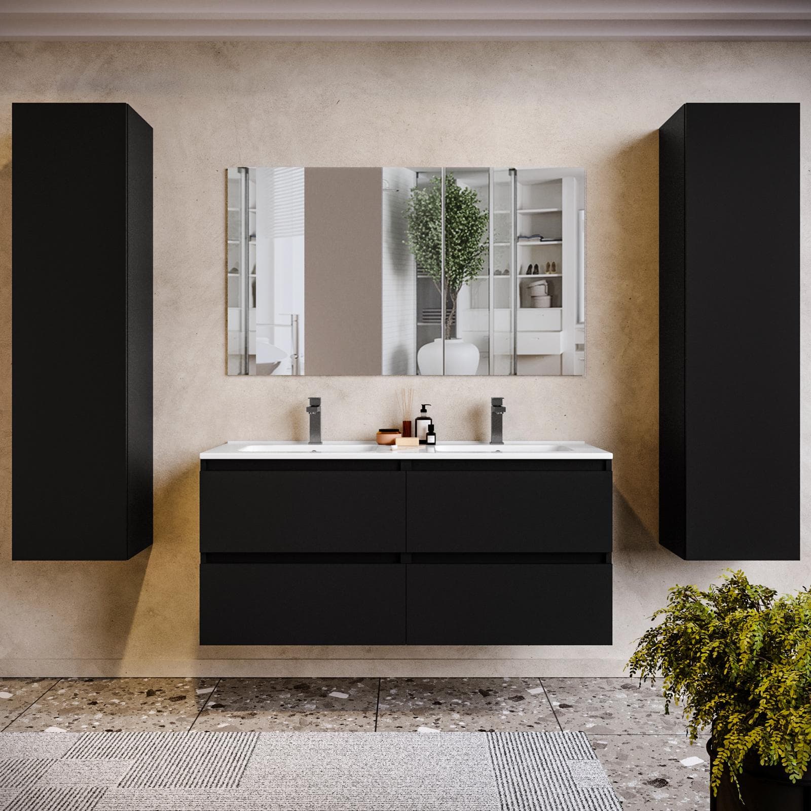 Mobile bagno sospeso 120 cm nero opaco con doppia vasca e specchio - Anami