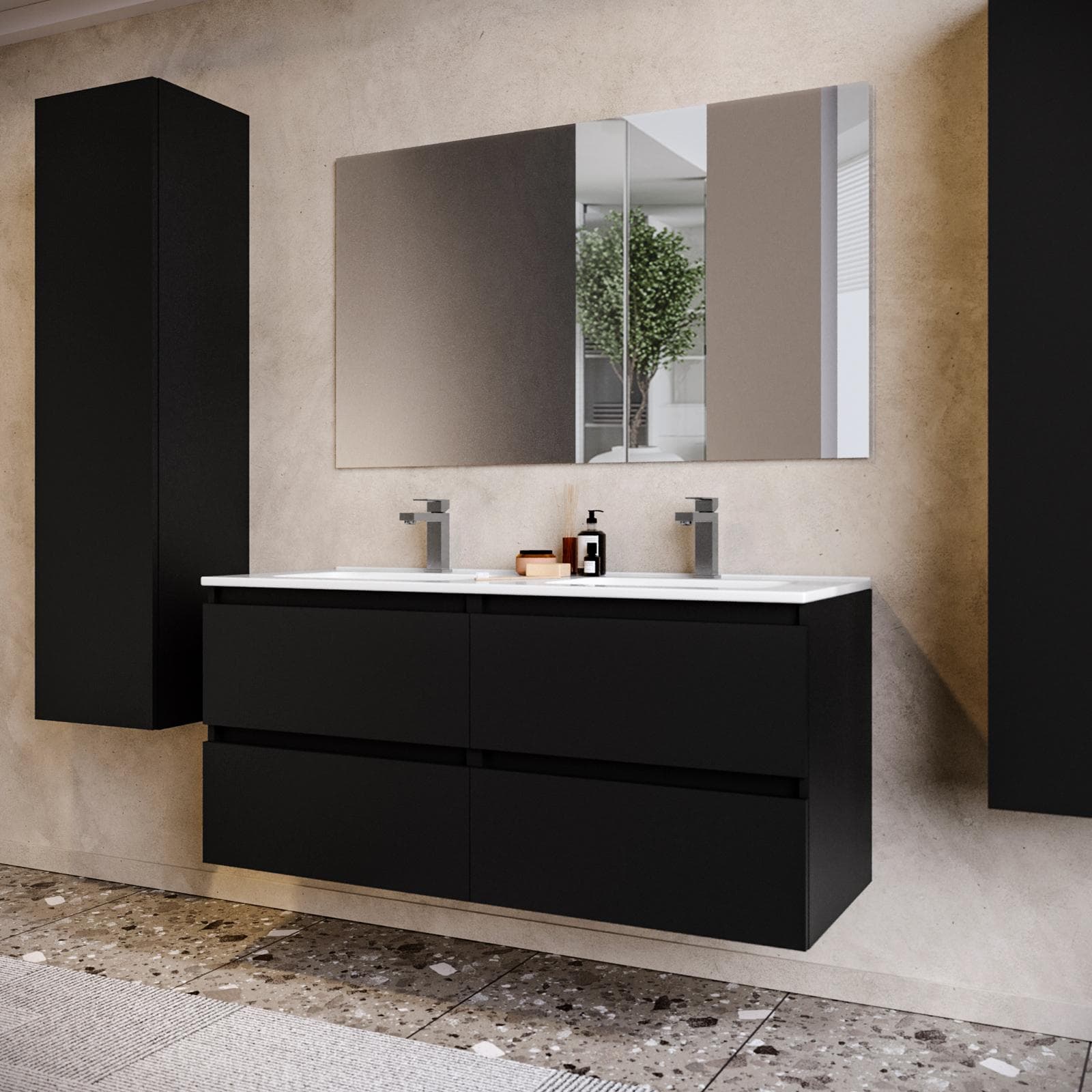 Mobile bagno sospeso 120 cm nero opaco con doppia vasca e specchio - Anami