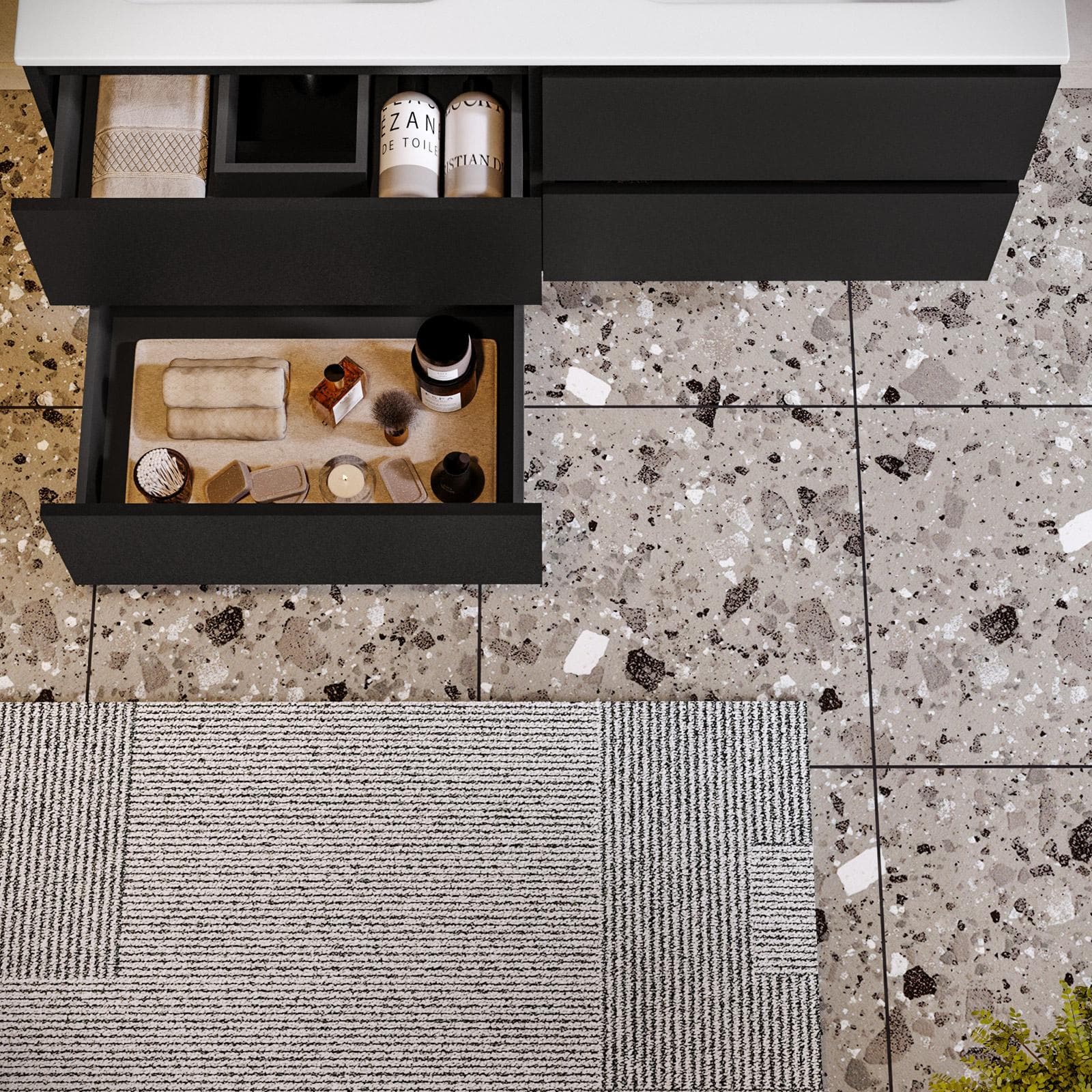 Mobile bagno sospeso 120 cm nero opaco con doppia vasca e specchio - Anami