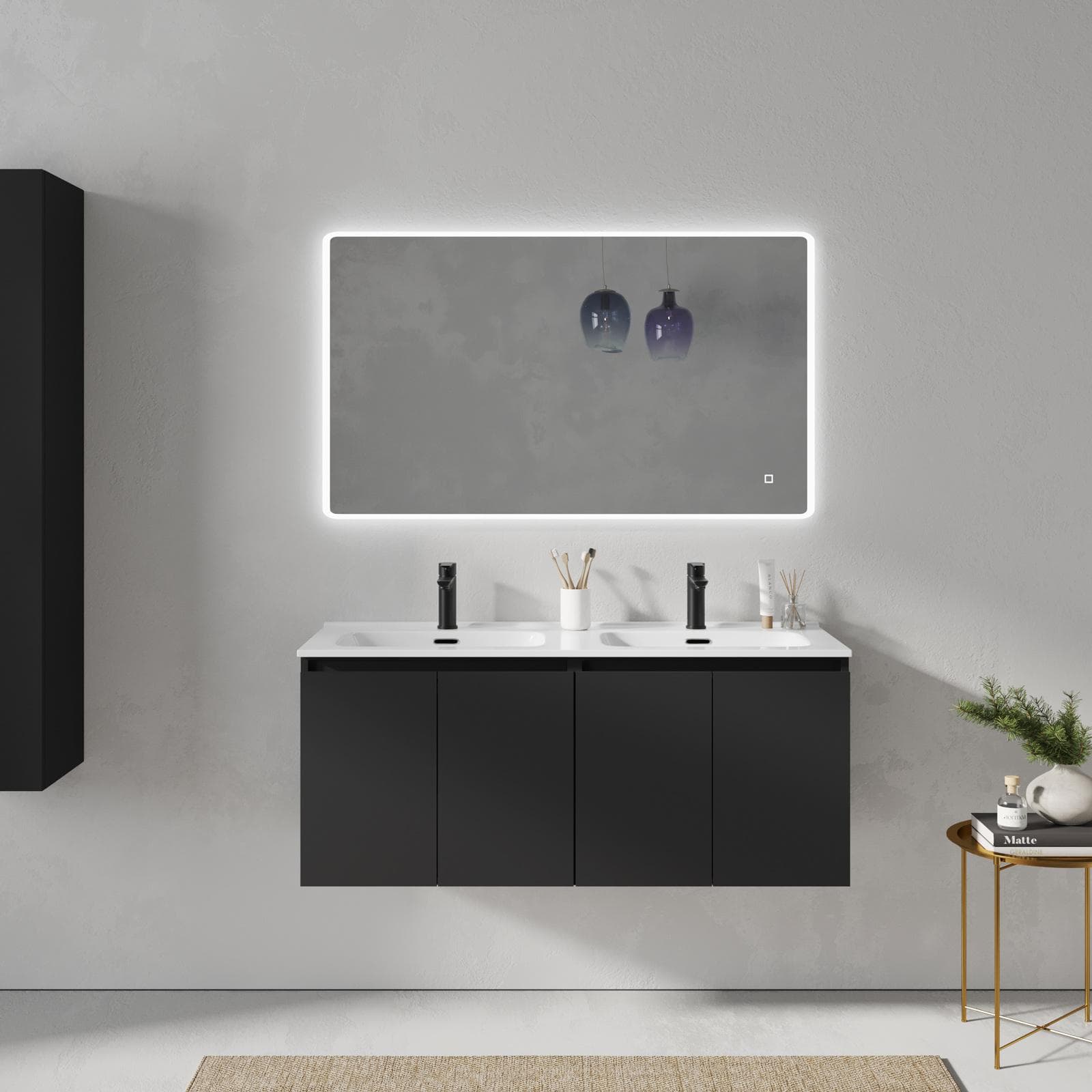 Mobile bagno sospeso 120 cm nero opaco con lavabo doppia vasca e specchio - Cuki