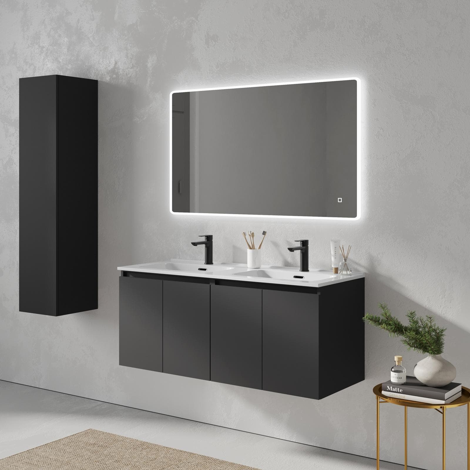 Mobile bagno sospeso 120 cm nero opaco con lavabo doppia vasca e specchio - Cuki
