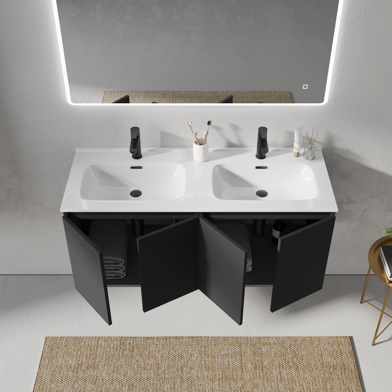Mobile bagno sospeso 120 cm nero opaco con lavabo doppia vasca e specchio - Cuki