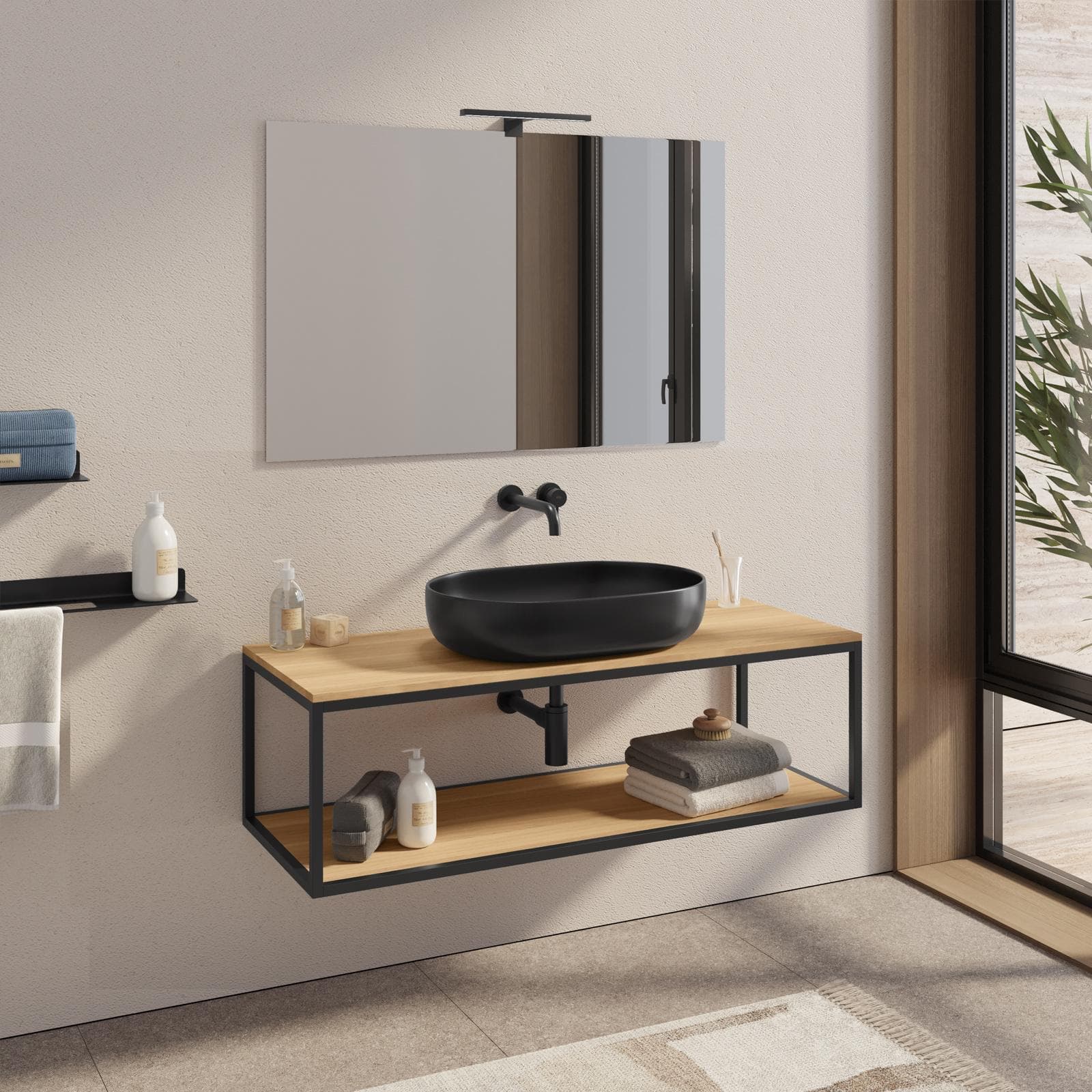 Mobile bagno sospeso 120 cm portalavabo nero e rovere con specchio - Axis
