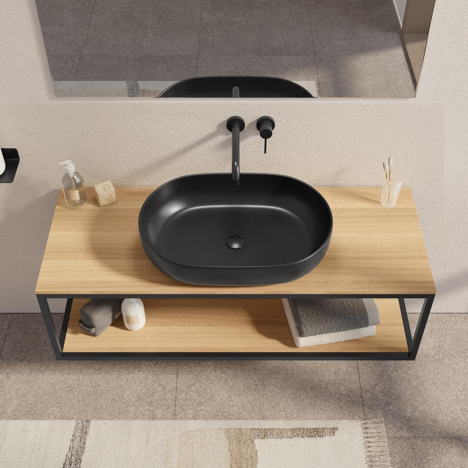 Mobile bagno sospeso 120 cm portalavabo nero e rovere con specchio - Axis