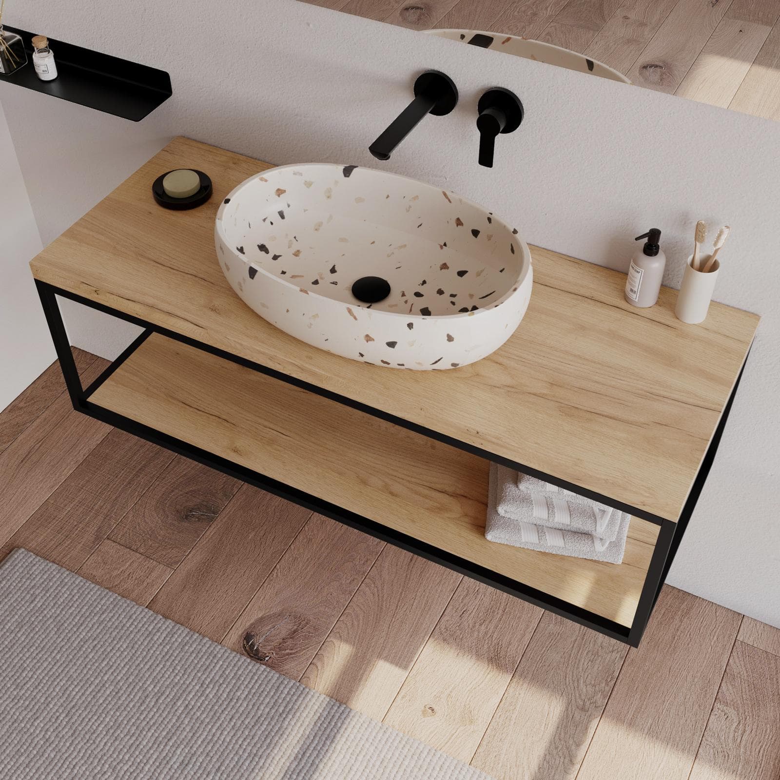 Mobile bagno sospeso 120 cm portalavabo nero e rovere con top 3,8 cm e specchio - Axis