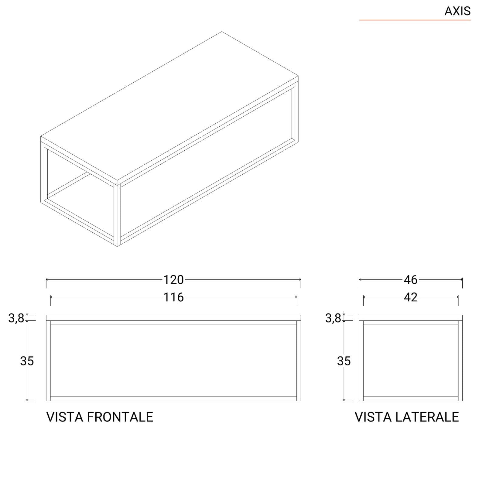 Mobile bagno sospeso 120 cm portalavabo nero e rovere con top 3,8 cm e specchio - Axis