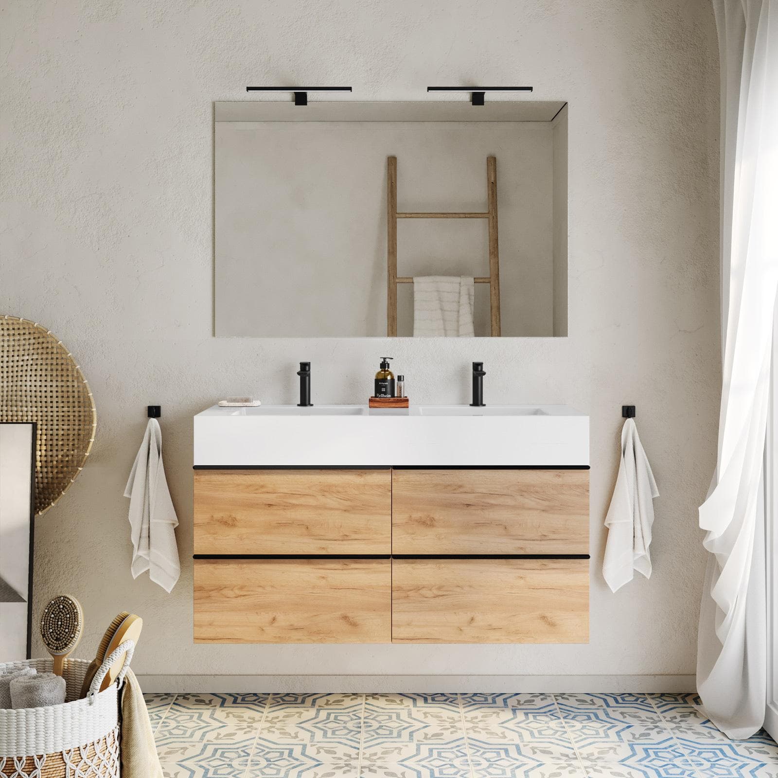 Mobile bagno sospeso 120 cm rovere africa con top lavabo bianco e specchio - Yamir