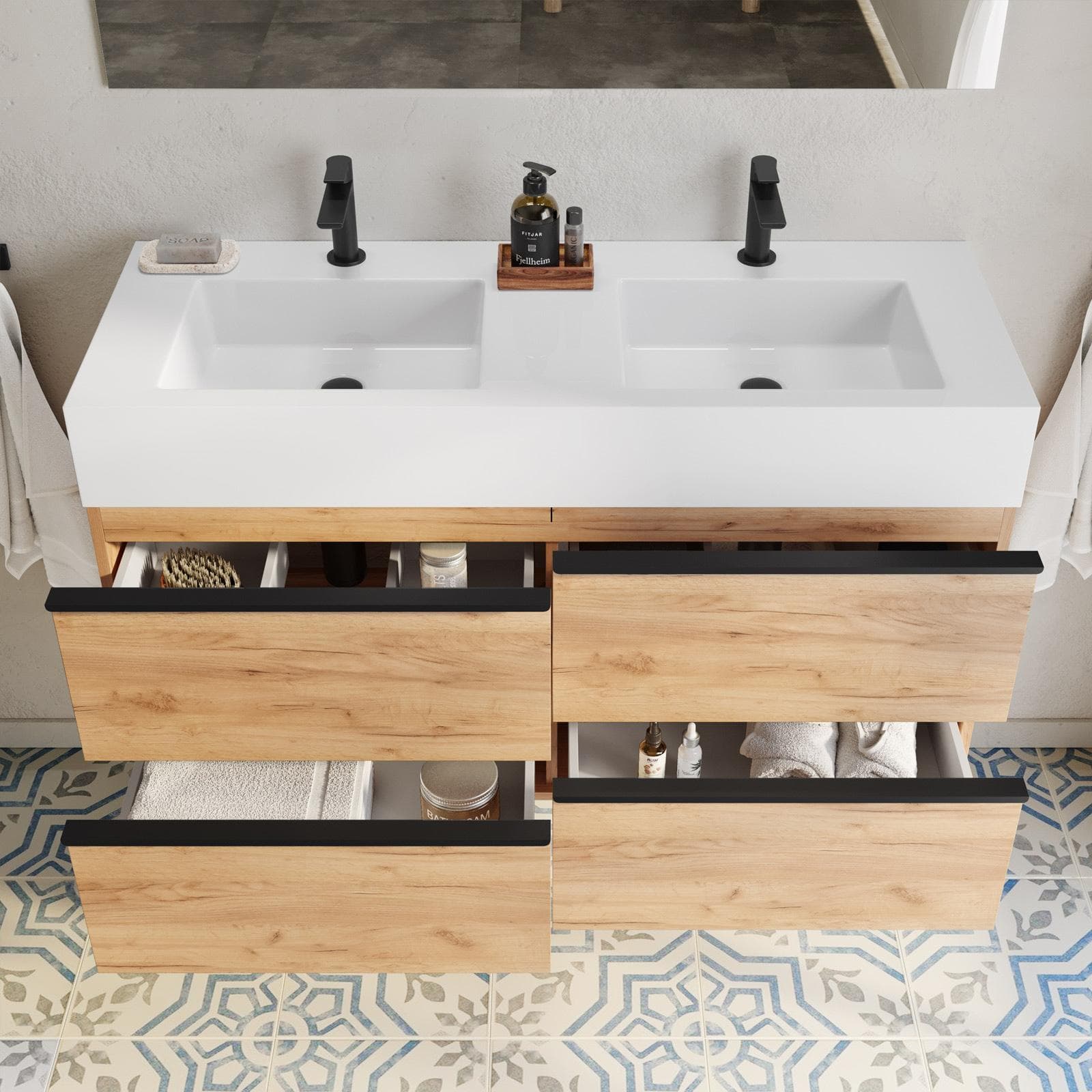 Mobile bagno sospeso 120 cm rovere africa con top lavabo bianco e specchio - Yamir