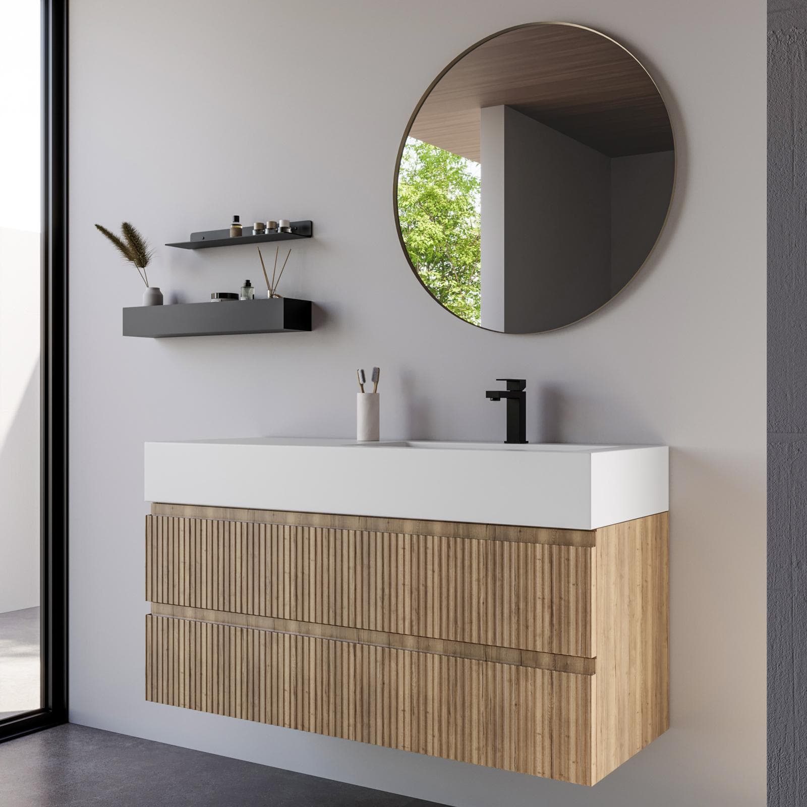 Mobile bagno sospeso 120 cm rovere acero cannettato con lavabo dx integrato e specchio - Gaia