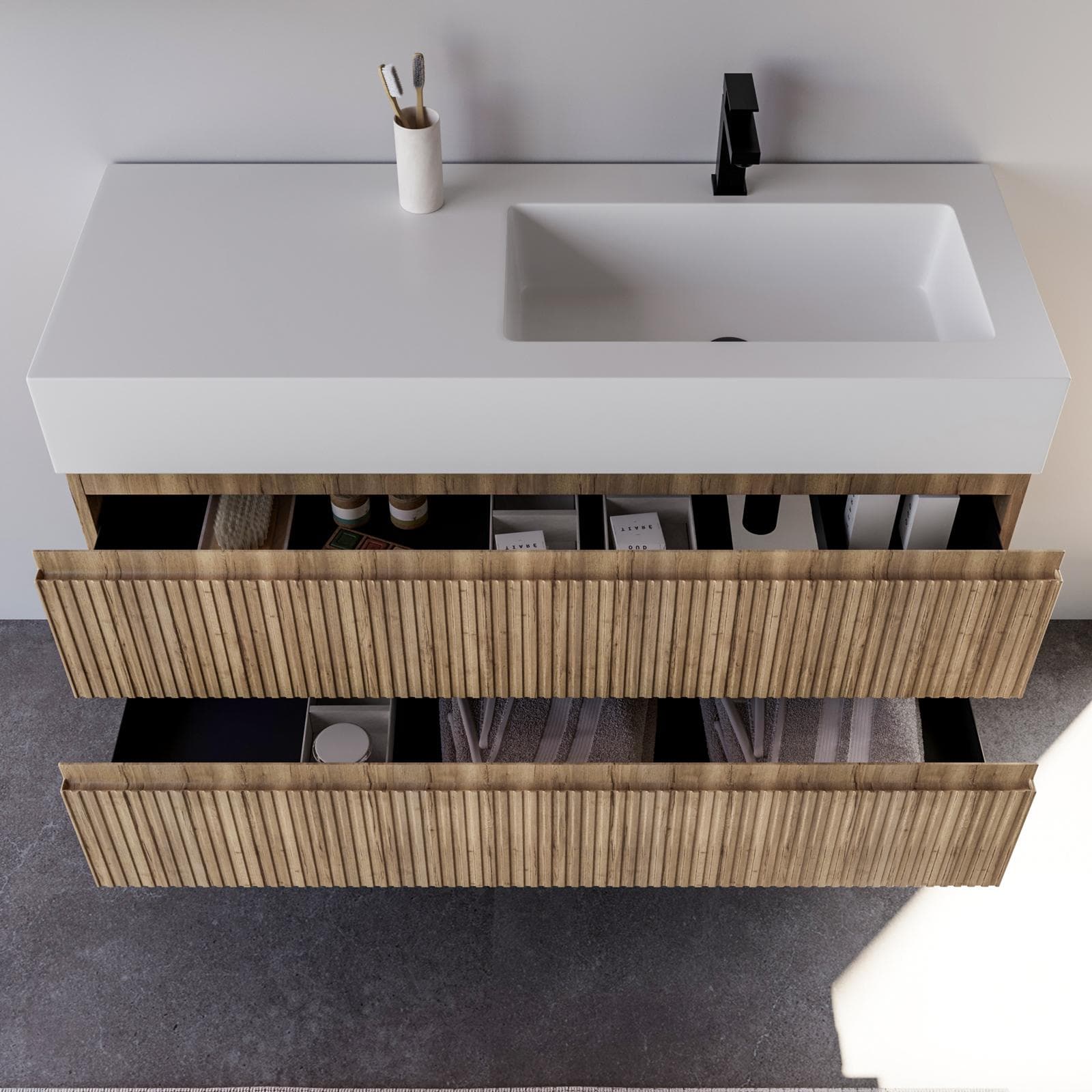 Mobile bagno sospeso 120 cm rovere acero cannettato con lavabo dx integrato e specchio - Gaia