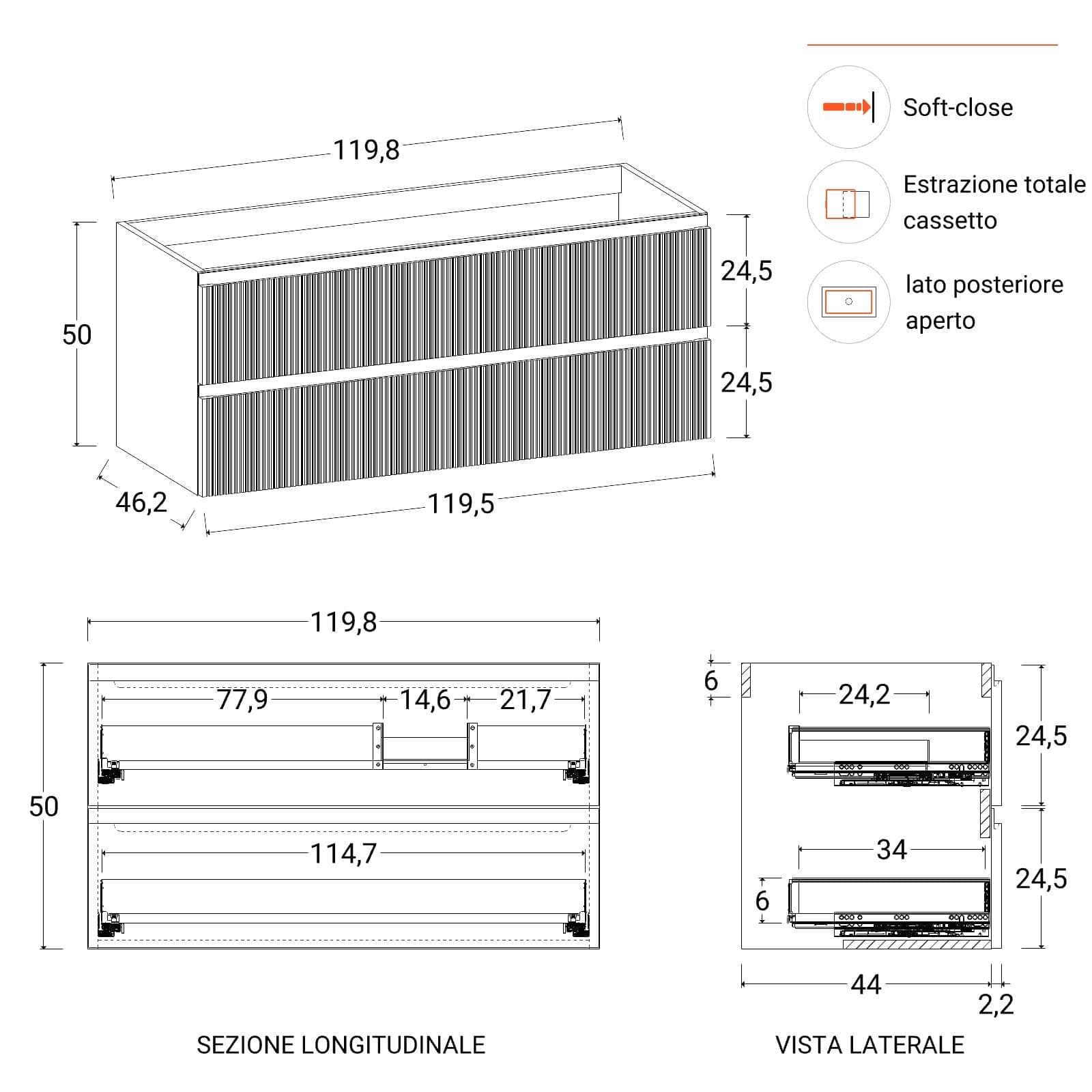 Mobile bagno sospeso 120 cm rovere acero cannettato con lavabo dx integrato e specchio - Gaia